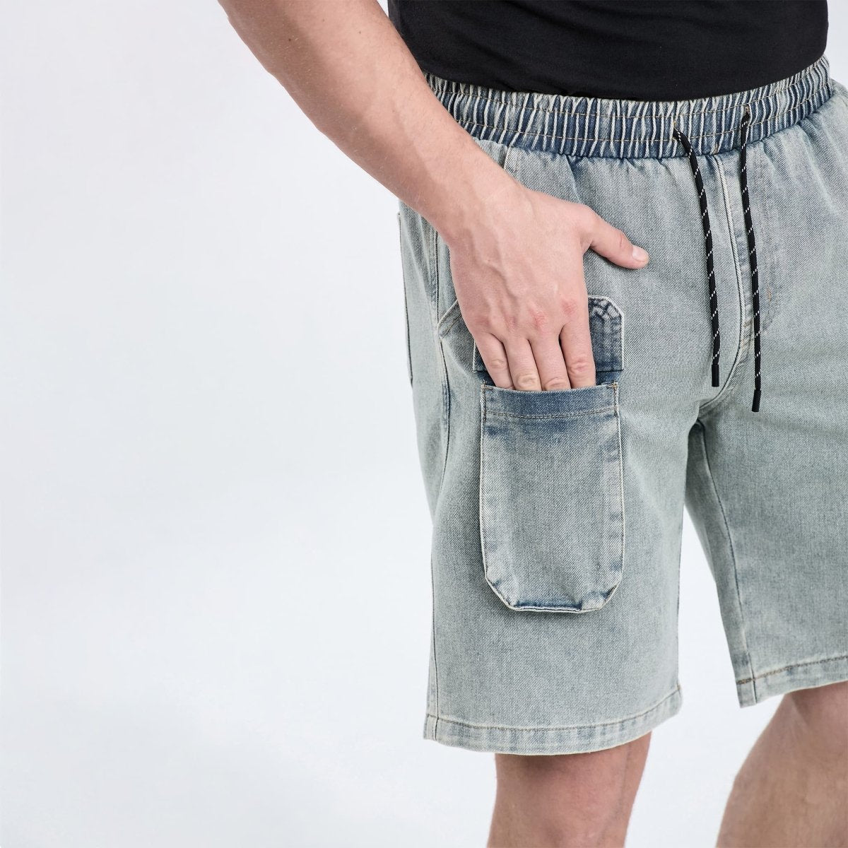 Pantalones cortos cargo de mezclilla rectos de cintura alta informales para hombre con bolsillos