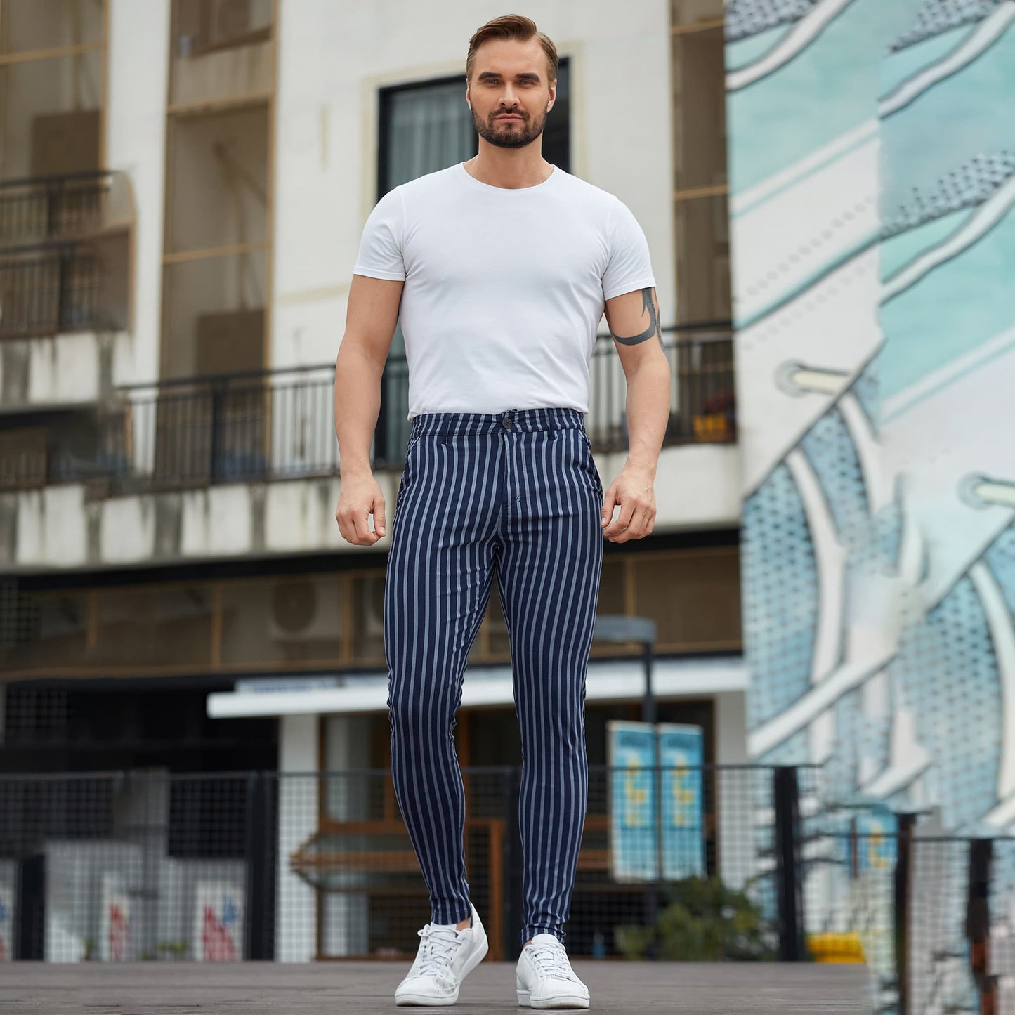 blue striped slim fit stretchy dressing pants for men