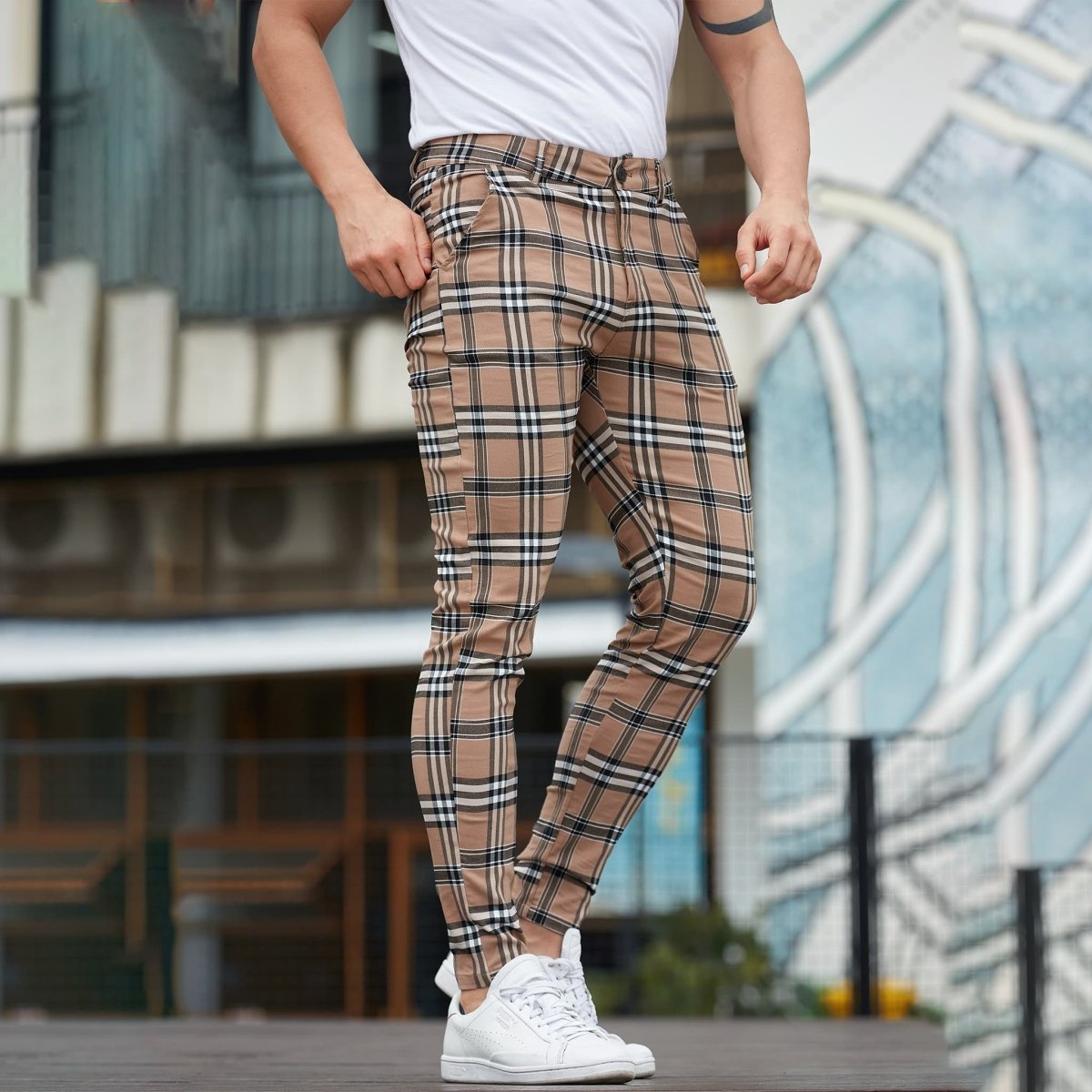 brown checkered fitted dress pants for men stretchy
