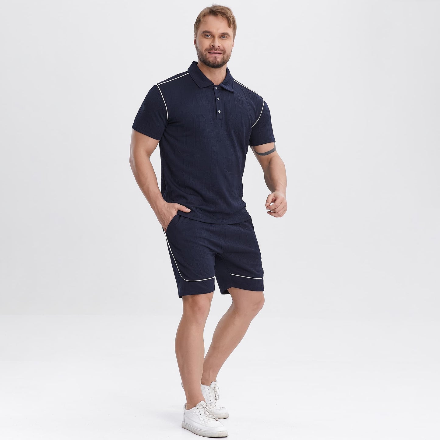 navy blue men 2 piece polo outfits casual