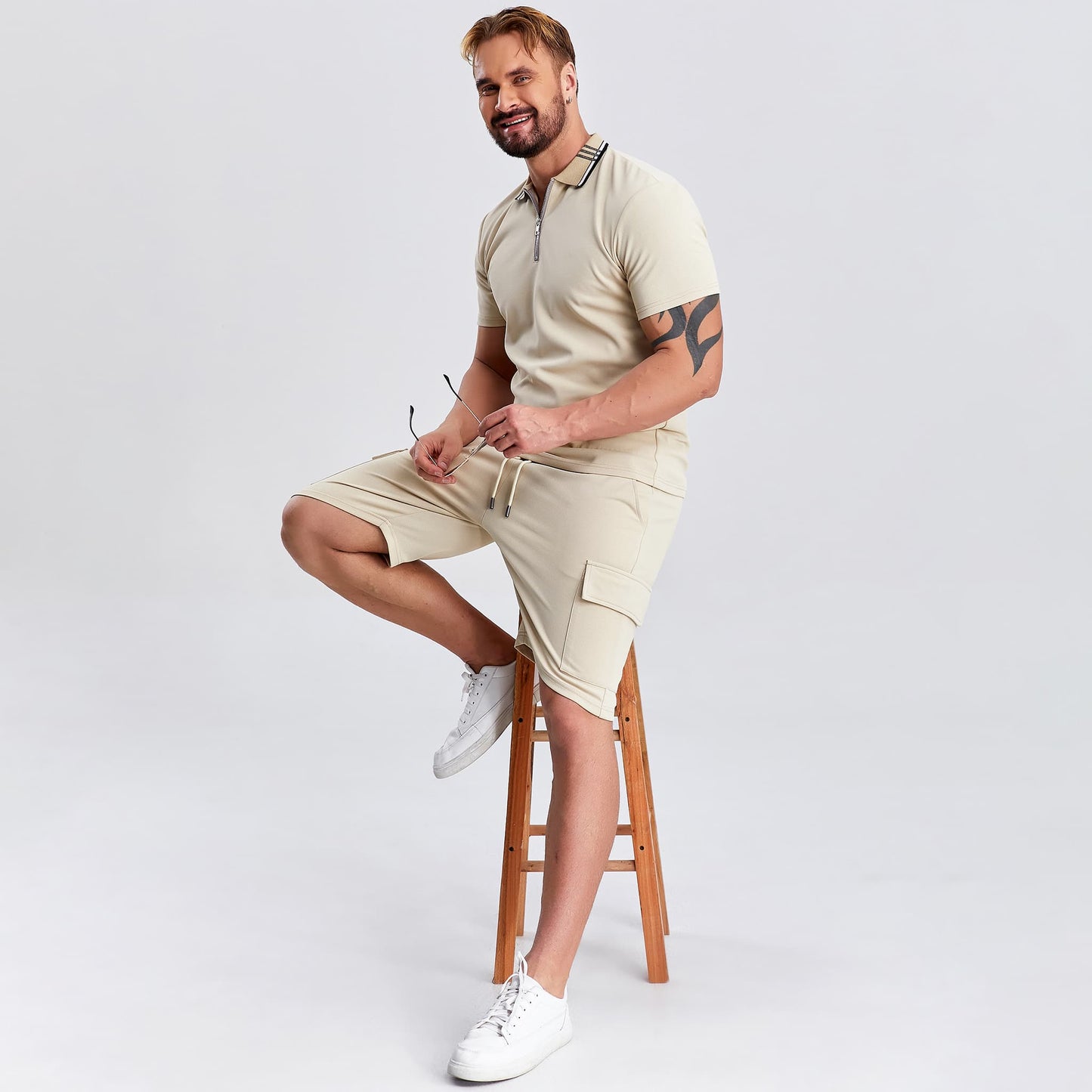 khaki zip upper men summer outfits drawstring