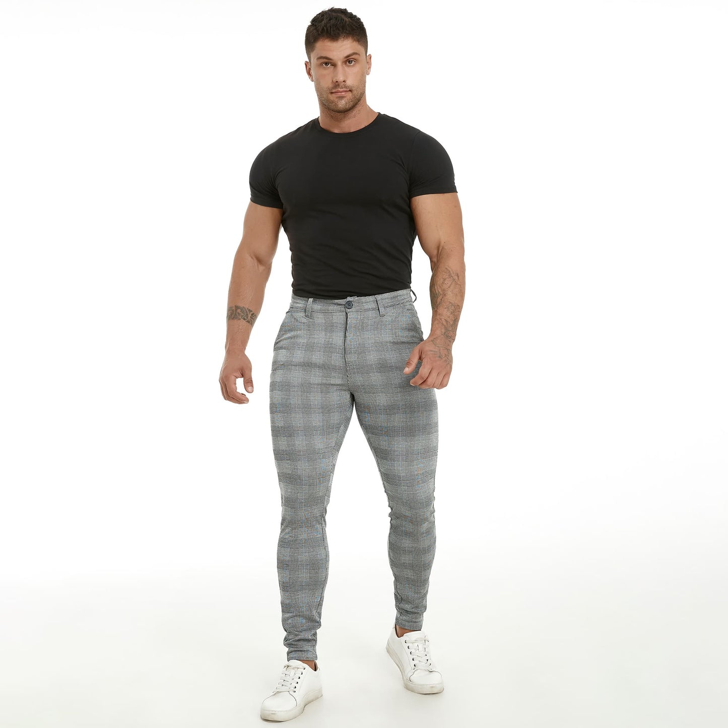 slim fit stretchy grey plaid mens casual work pants