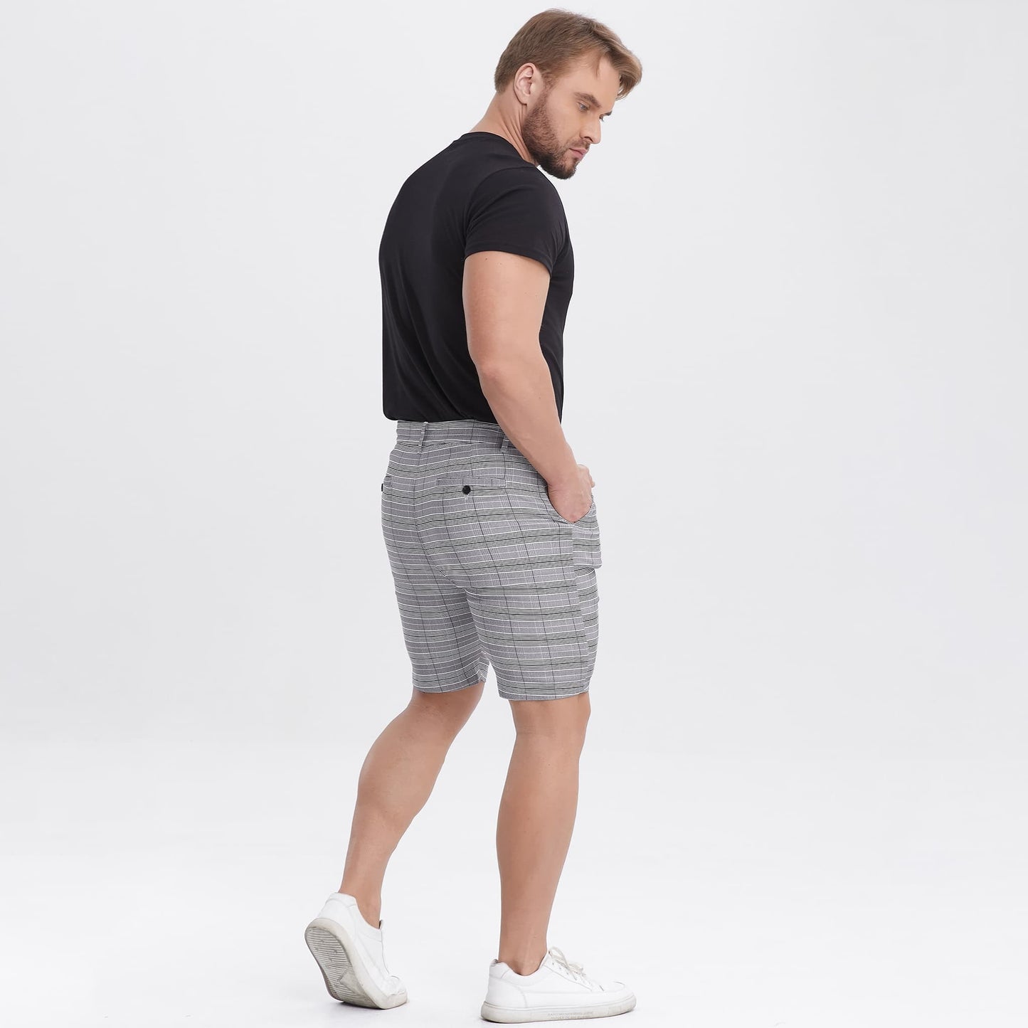 gray plaid mens dress shorts 9 inch inseam slim fit stretch