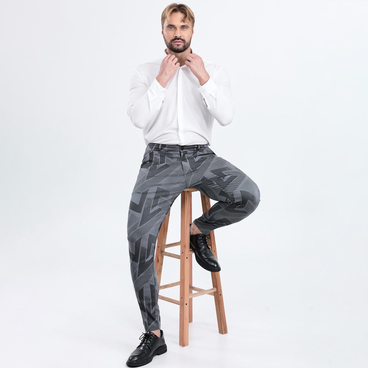 dark grey slim fit stretchy mens slacks casual