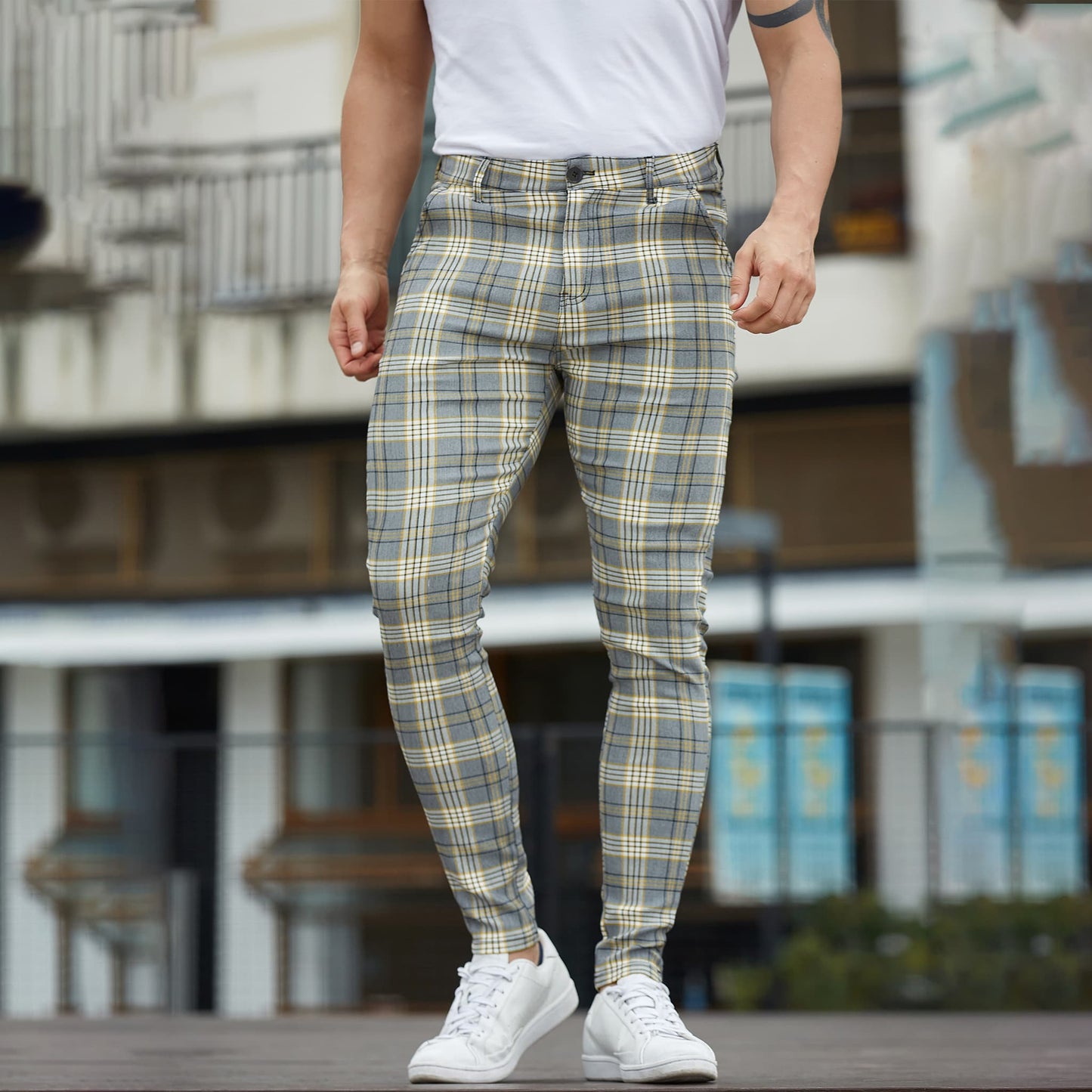 yellow plaid mens tapered pants slim fit stretchy