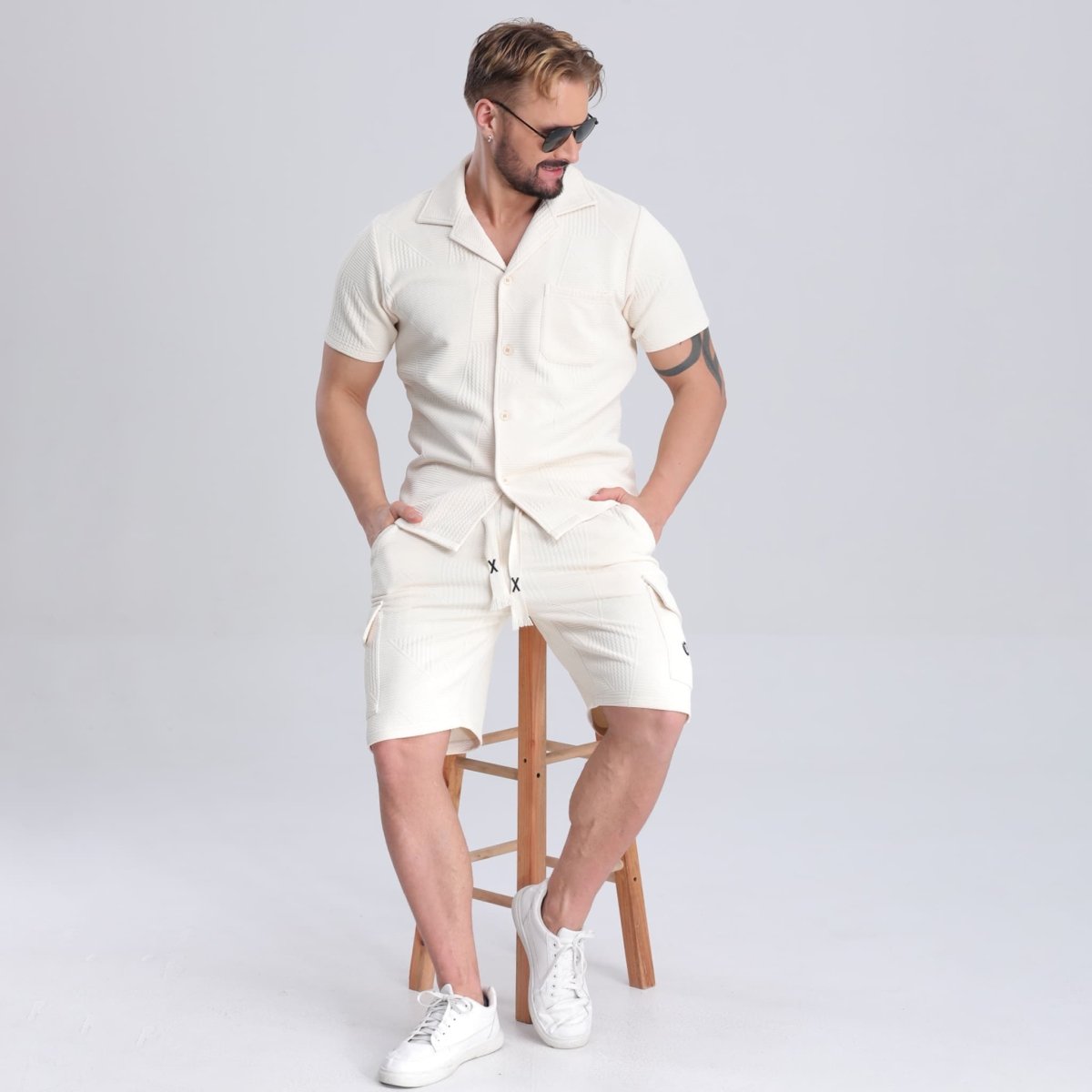 knitted jacquard mens vacation beige shorts drawstring
