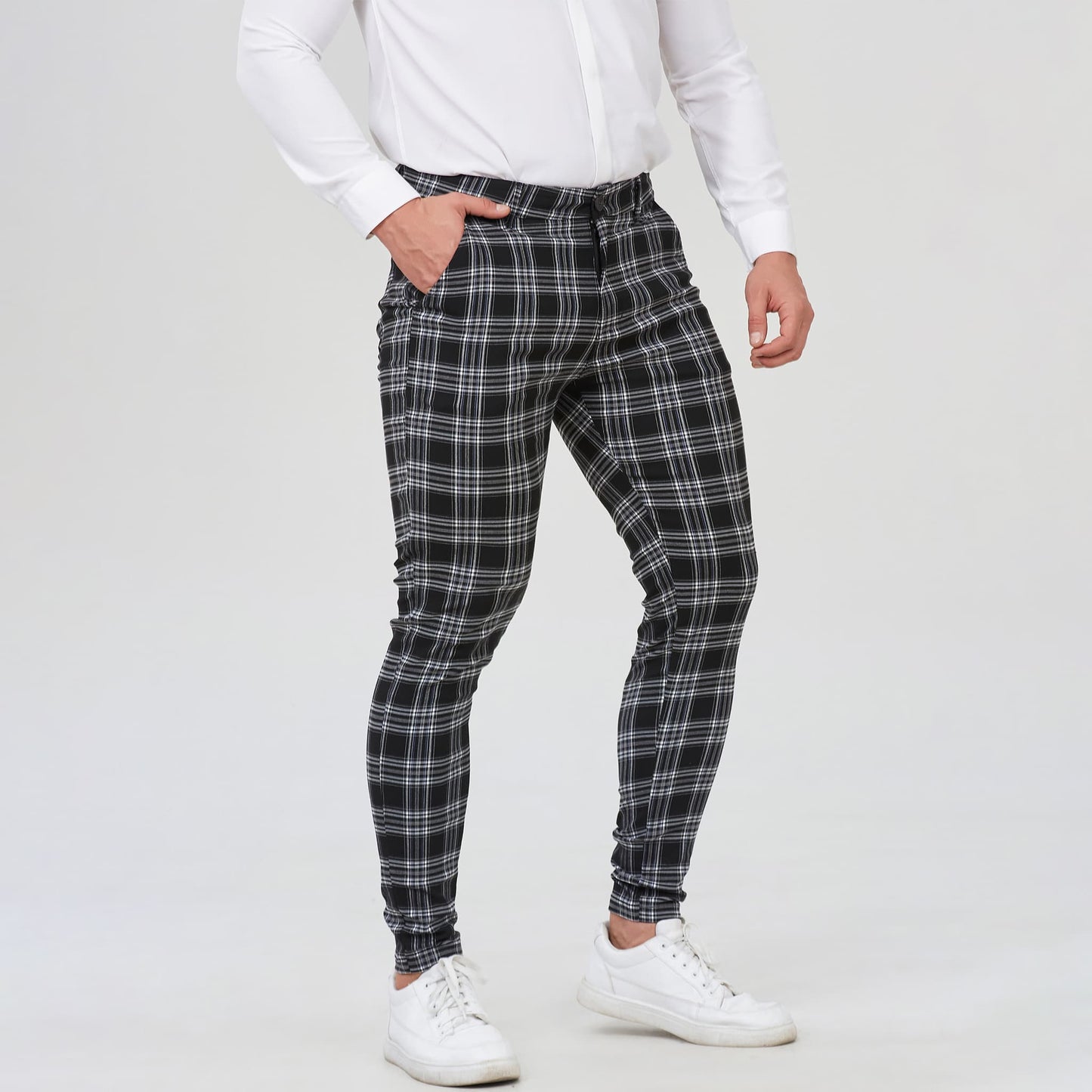 black plaid pantalon de vestir slim fit stretchy