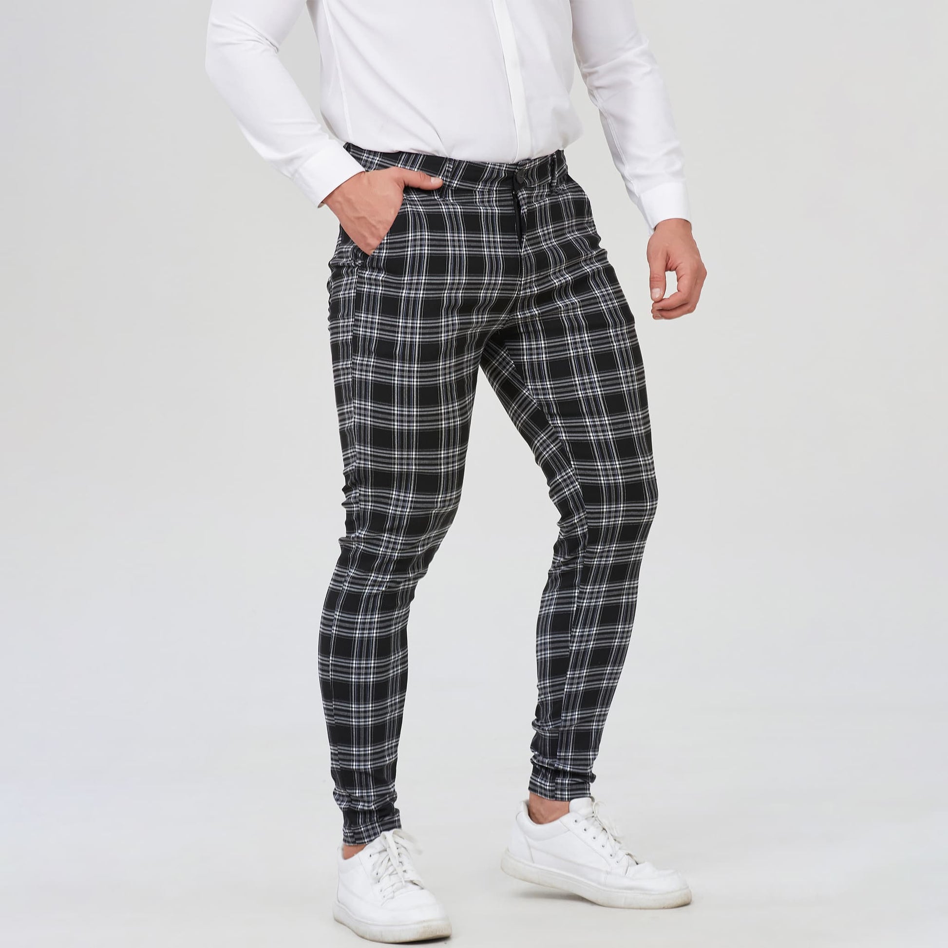 black plaid pantalon de vestir slim fit stretchy