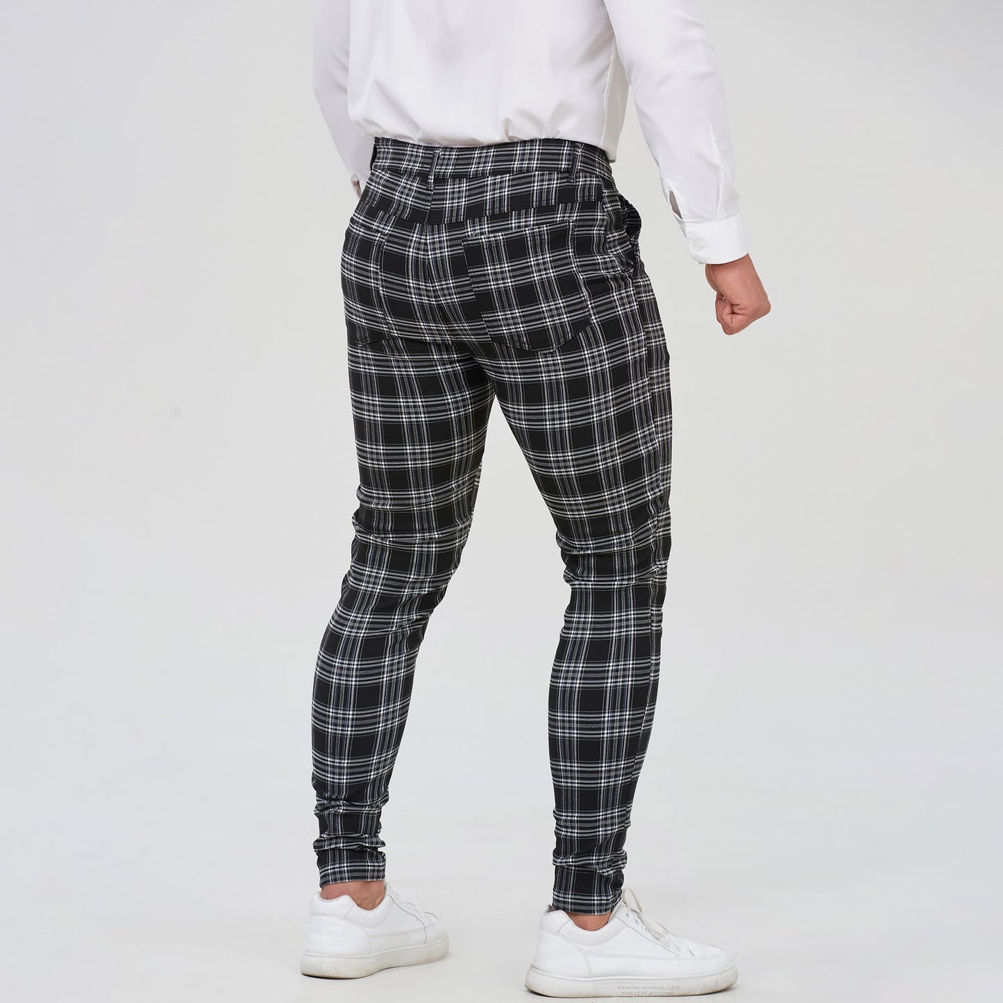 black plaid and plain slim fit pants for men stretchy