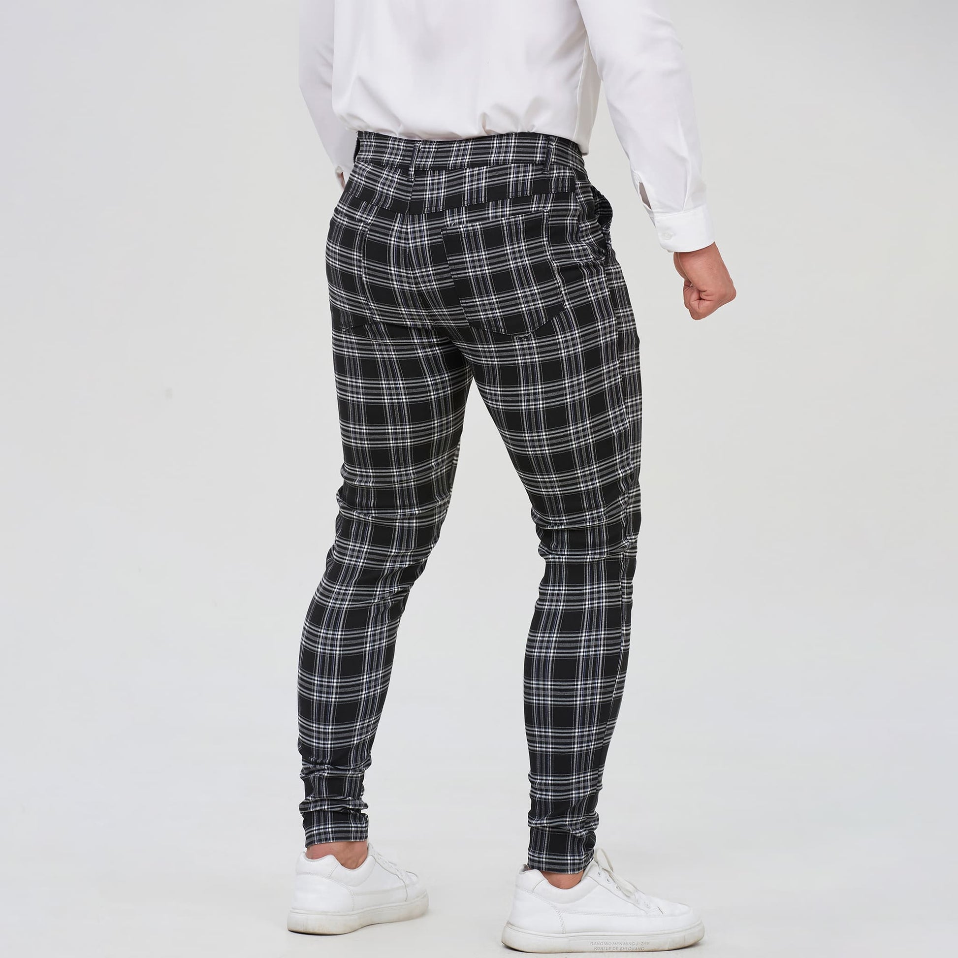 black plaid and plain slim fit pants for men stretchy