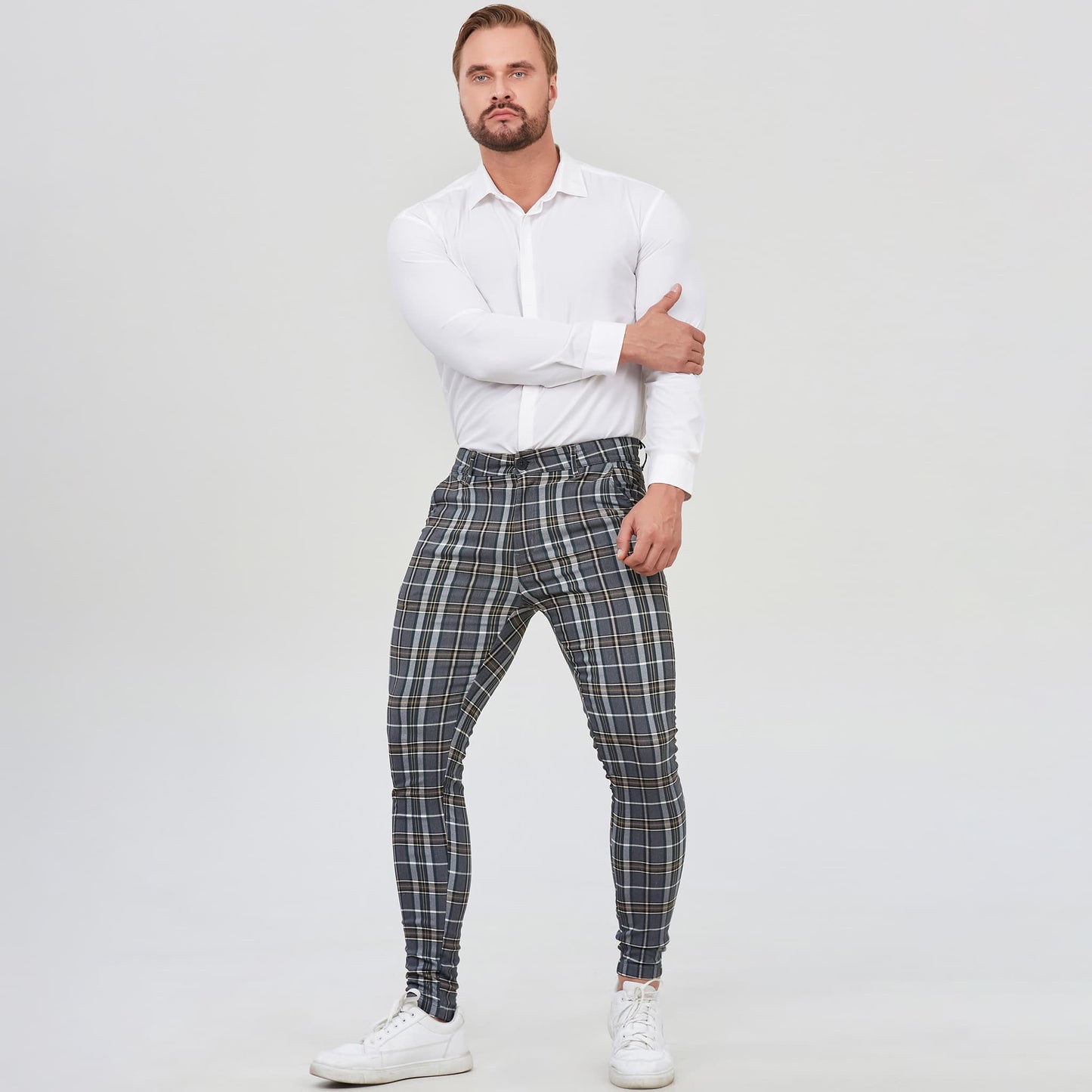 grey plaid slim golf pantsstretchy