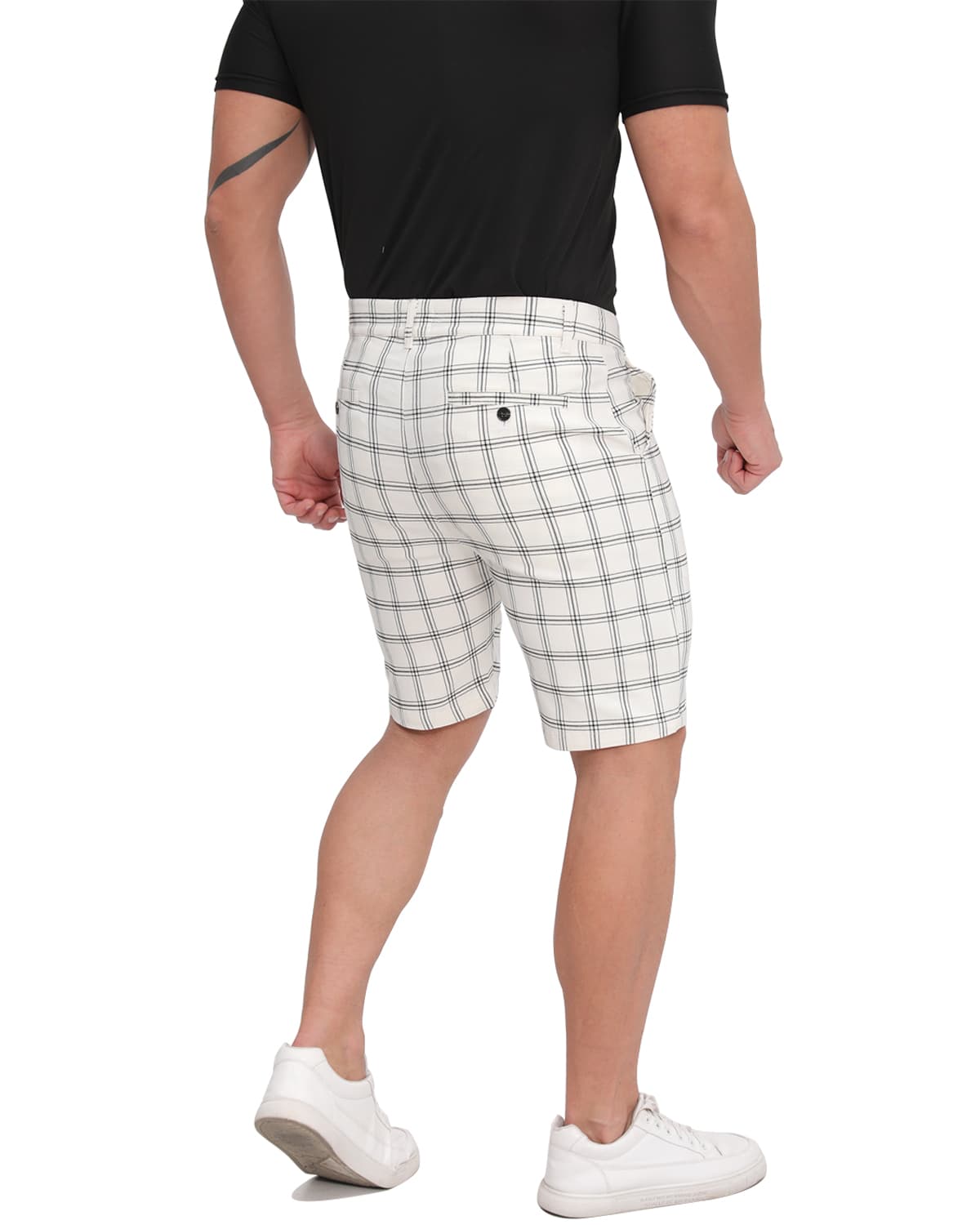 ALLELMS Mens Slim Fit Shorts Black and White Plaid Chino Short Tapered Leg Skinny Stretch