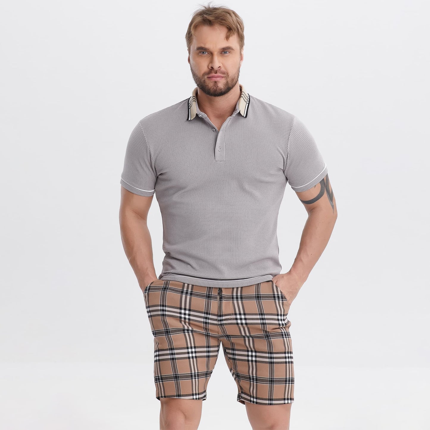 grey waffle polo shirt for men slim fit