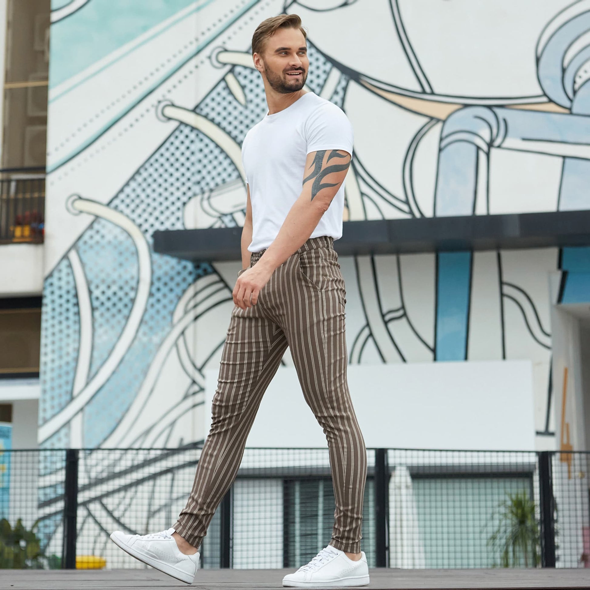 brown striped 4 way stretch pants men slim fit