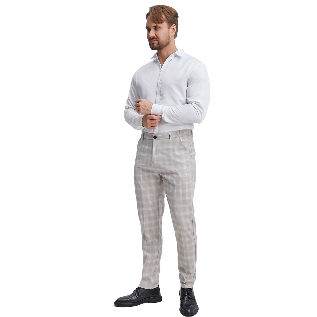 Men's expandable waist yellow plaid dress pants