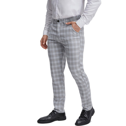 Men's flat front grey plaid business casual pants