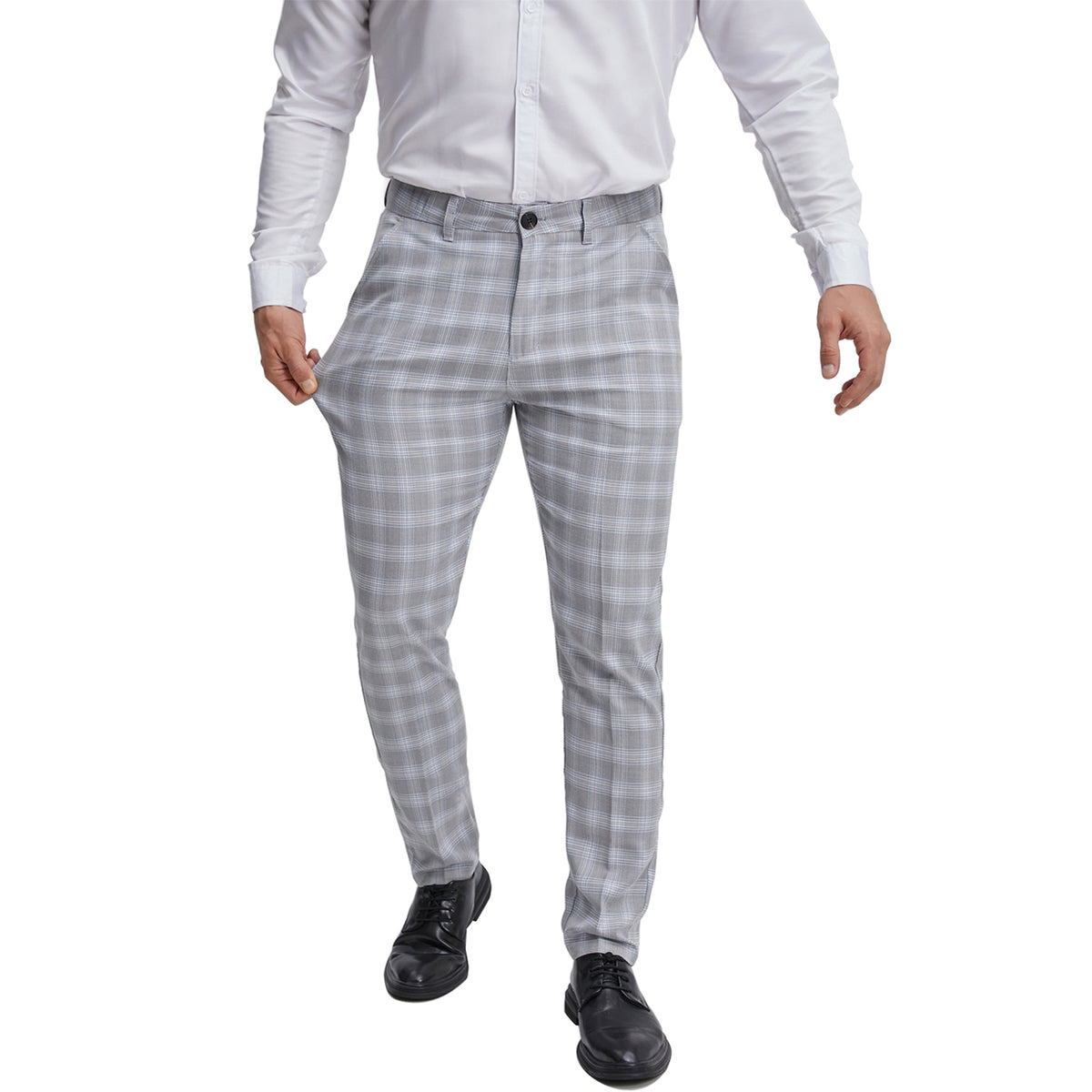 Men's flat front grey plaid chino dress pants