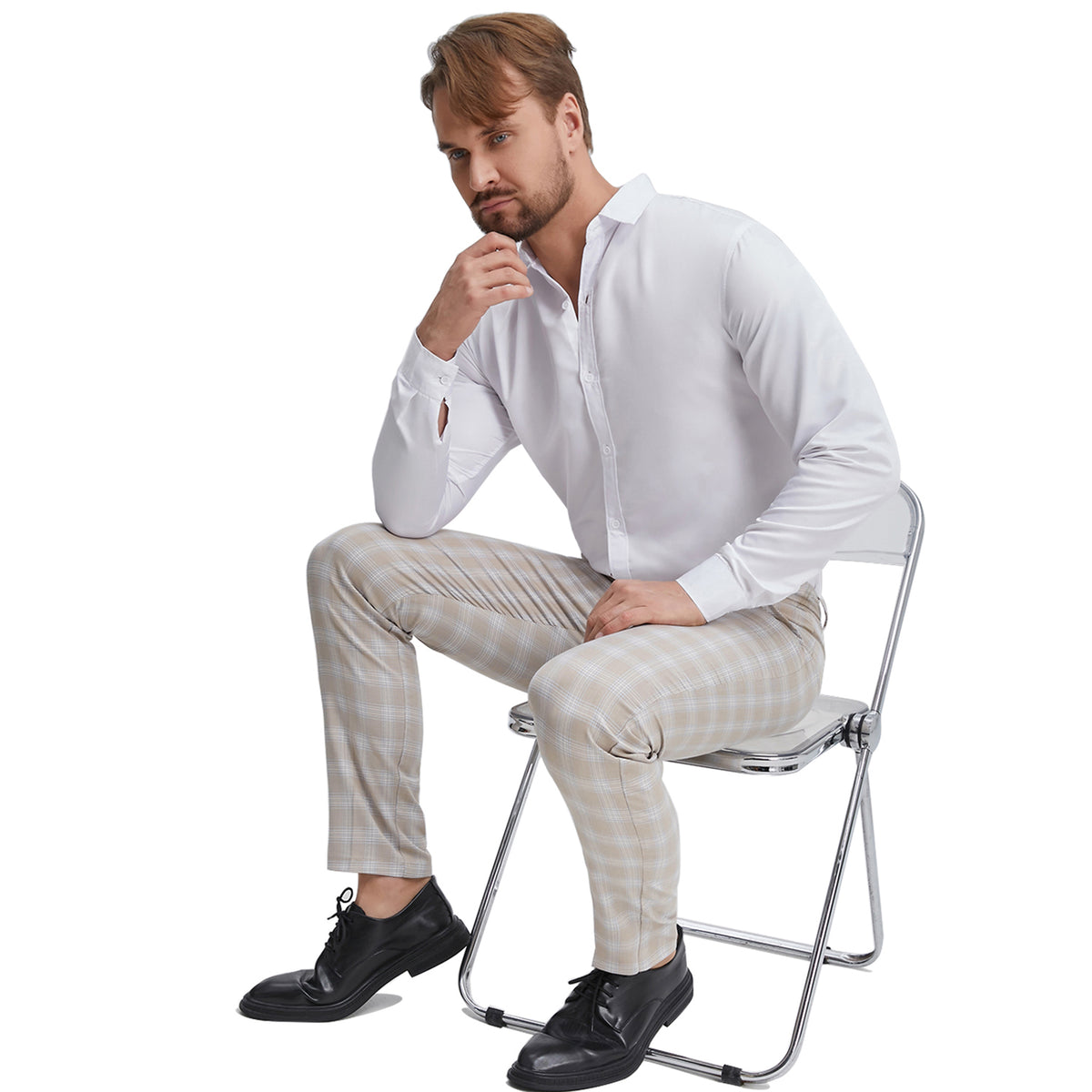 Men's flat front yellow checkered business casual pants