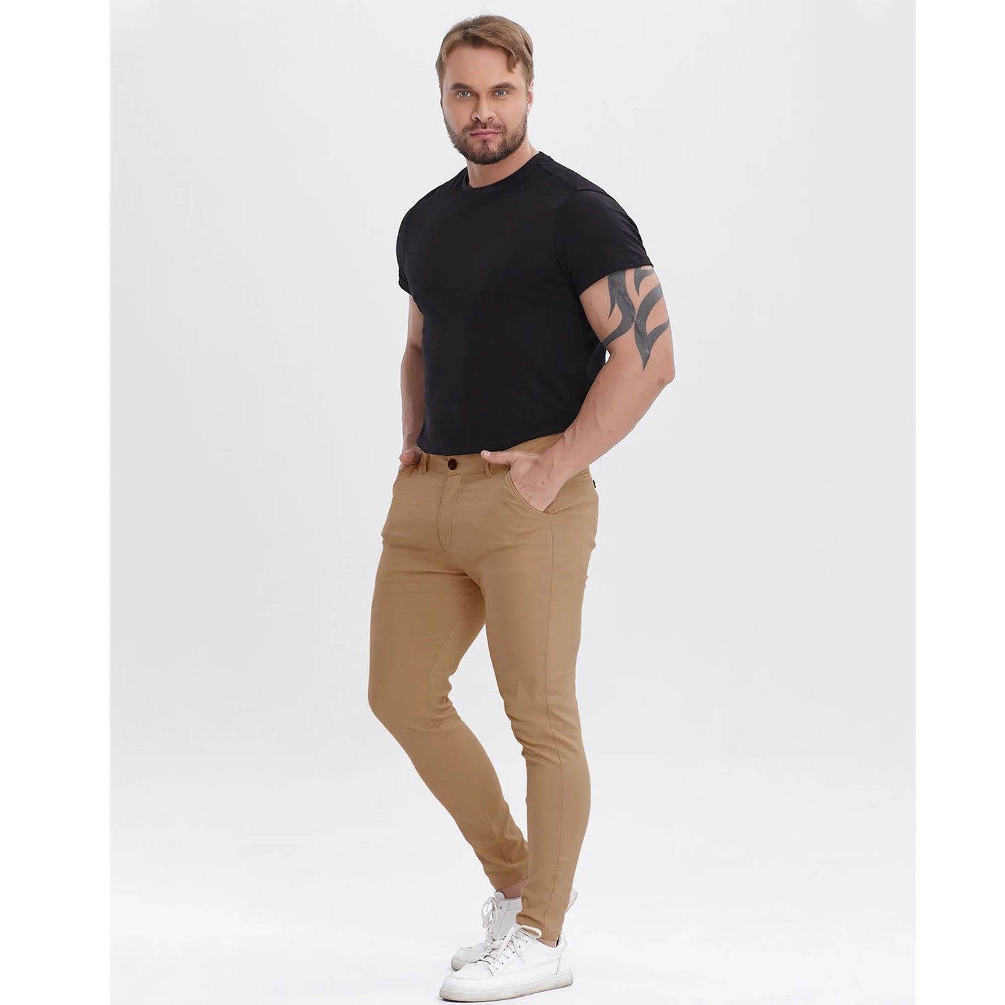 Men's Slim Fit Stretch Chinos - Tan Pleated Business Casual Pants
