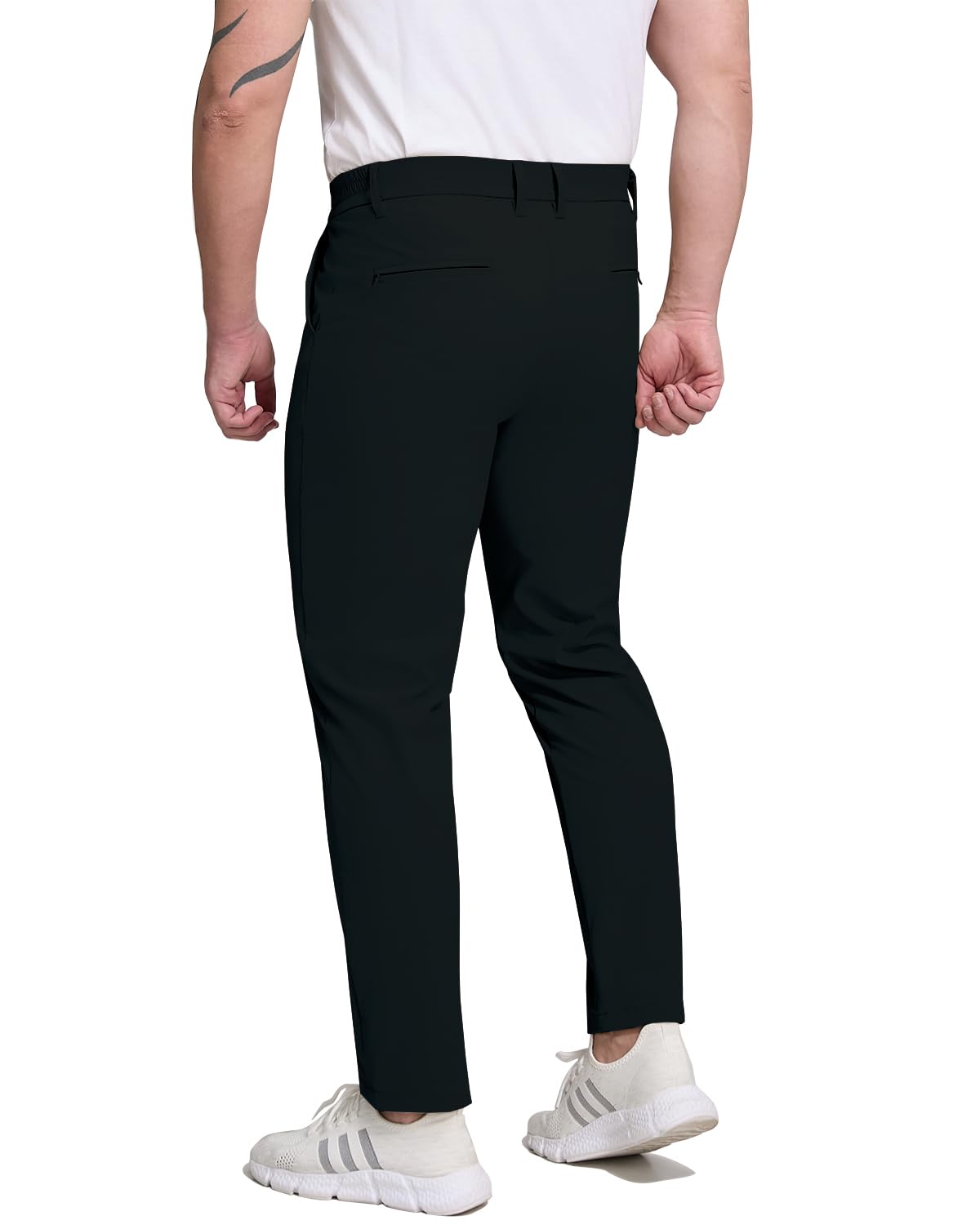Men's tapered black golf pants back view