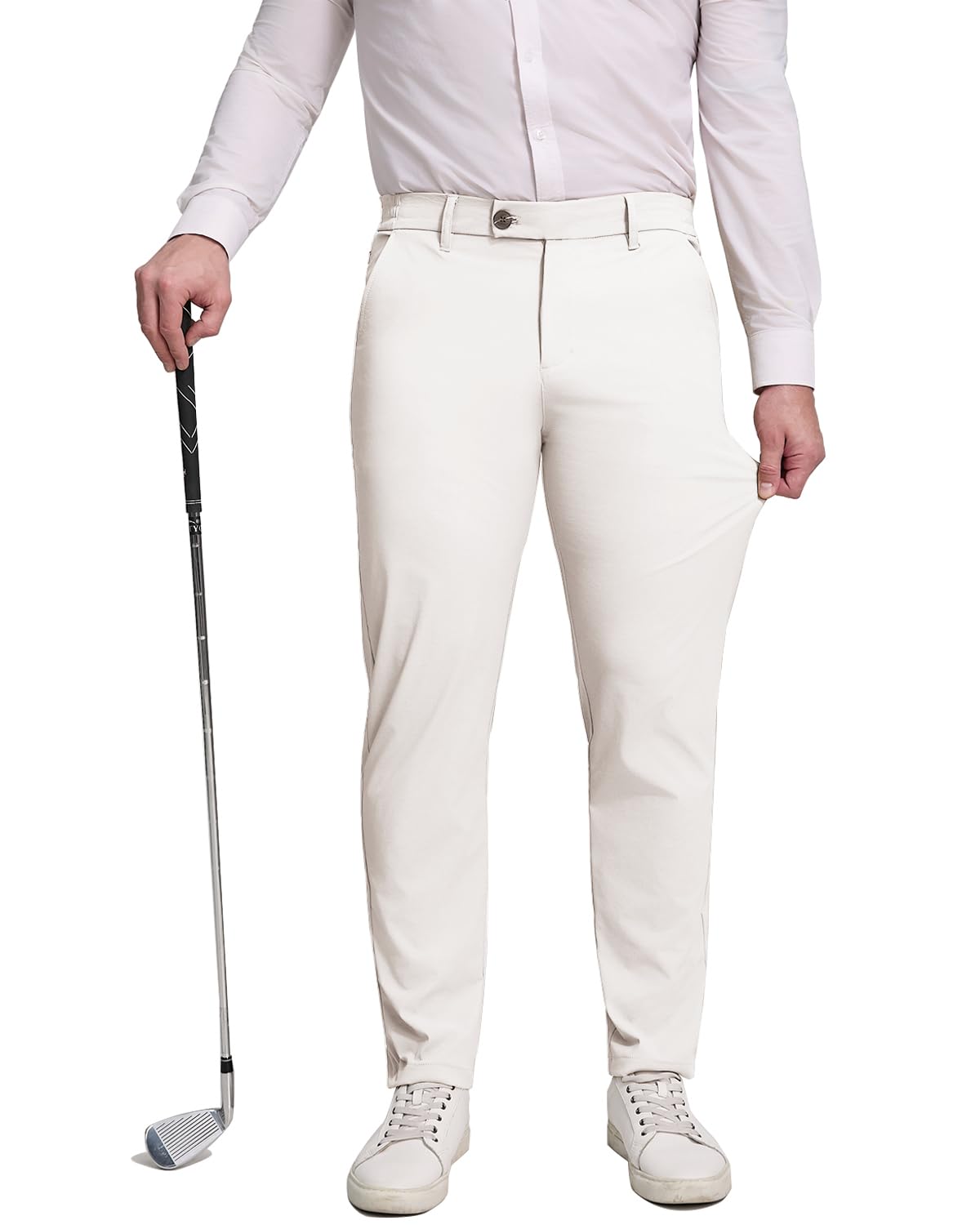 Men's white golf pants with functional pockets