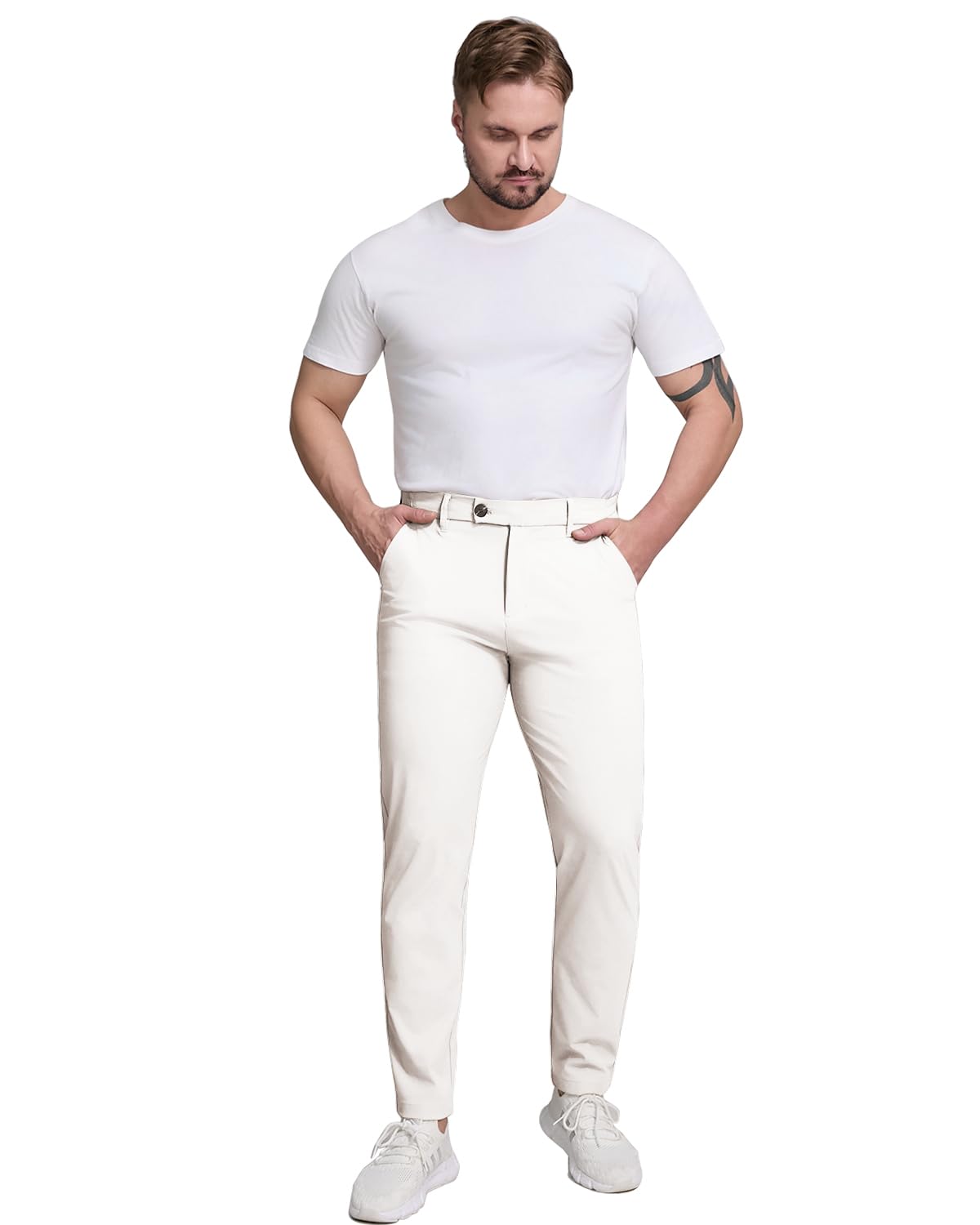 Quick-dry white golf pants fabric detail