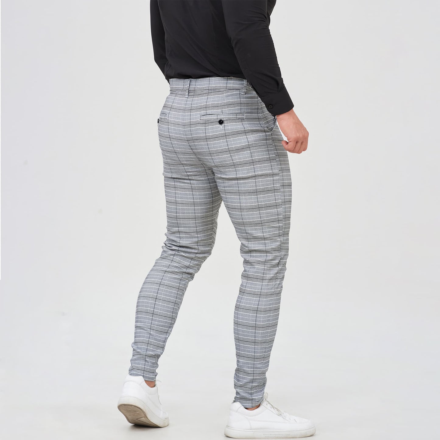 grey checkered athletic fit chino pants for men