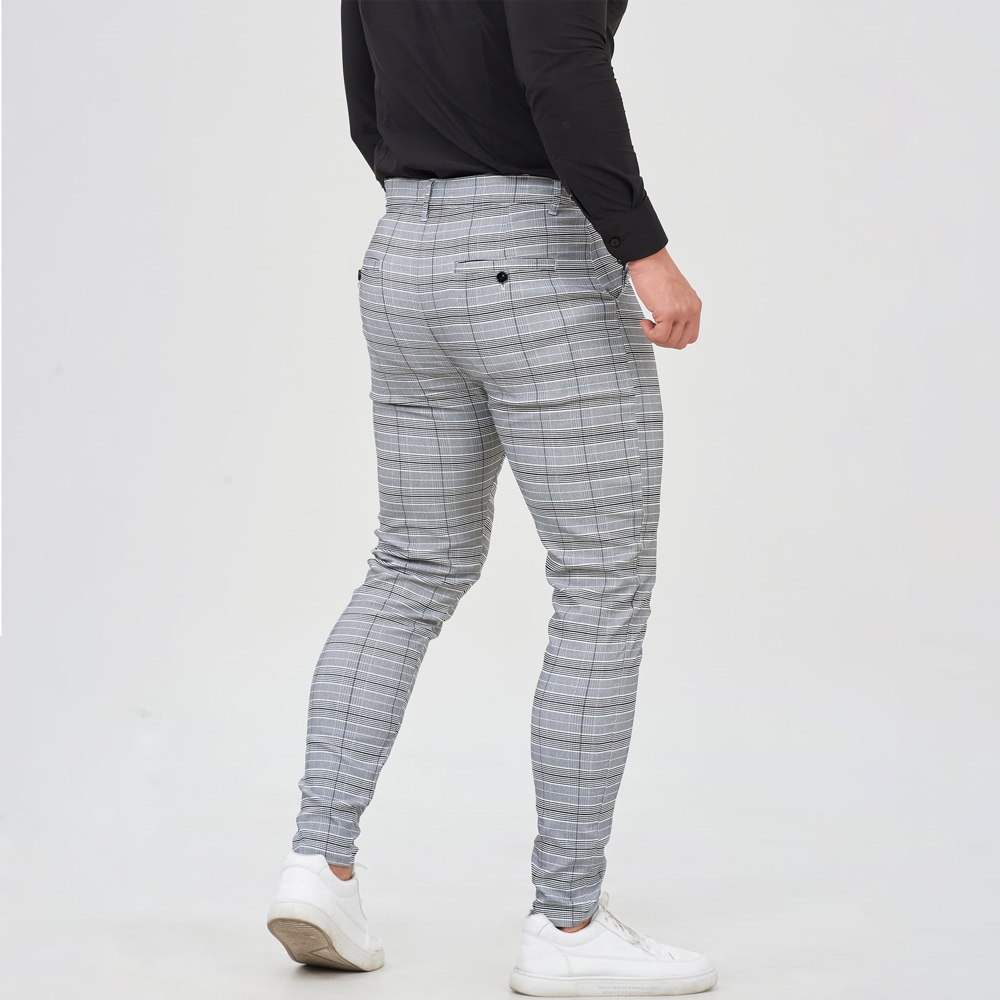 grey checkered athletic fit chino pants for men