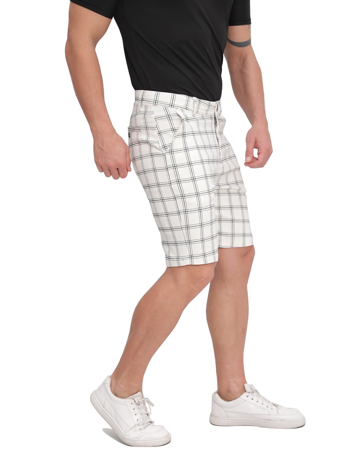 ALLELMS  Mens Slim Fit Shorts Black and White Plaid Chino Short Tapered Leg Skinny Stretch