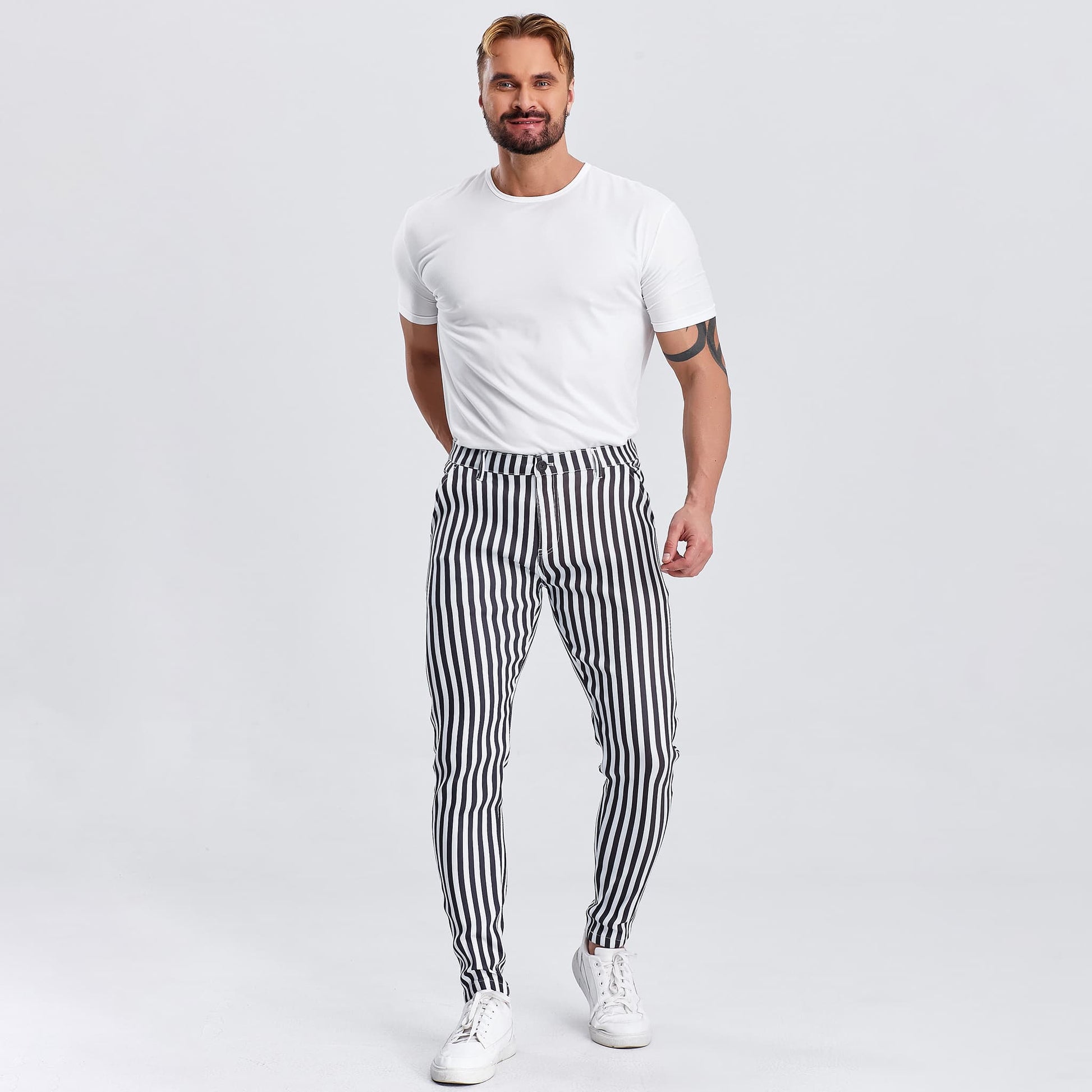 black and white striped men chino pants slim fit stretchy