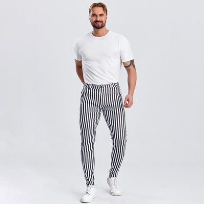 black and white striped men chino pants slim fit stretchy
