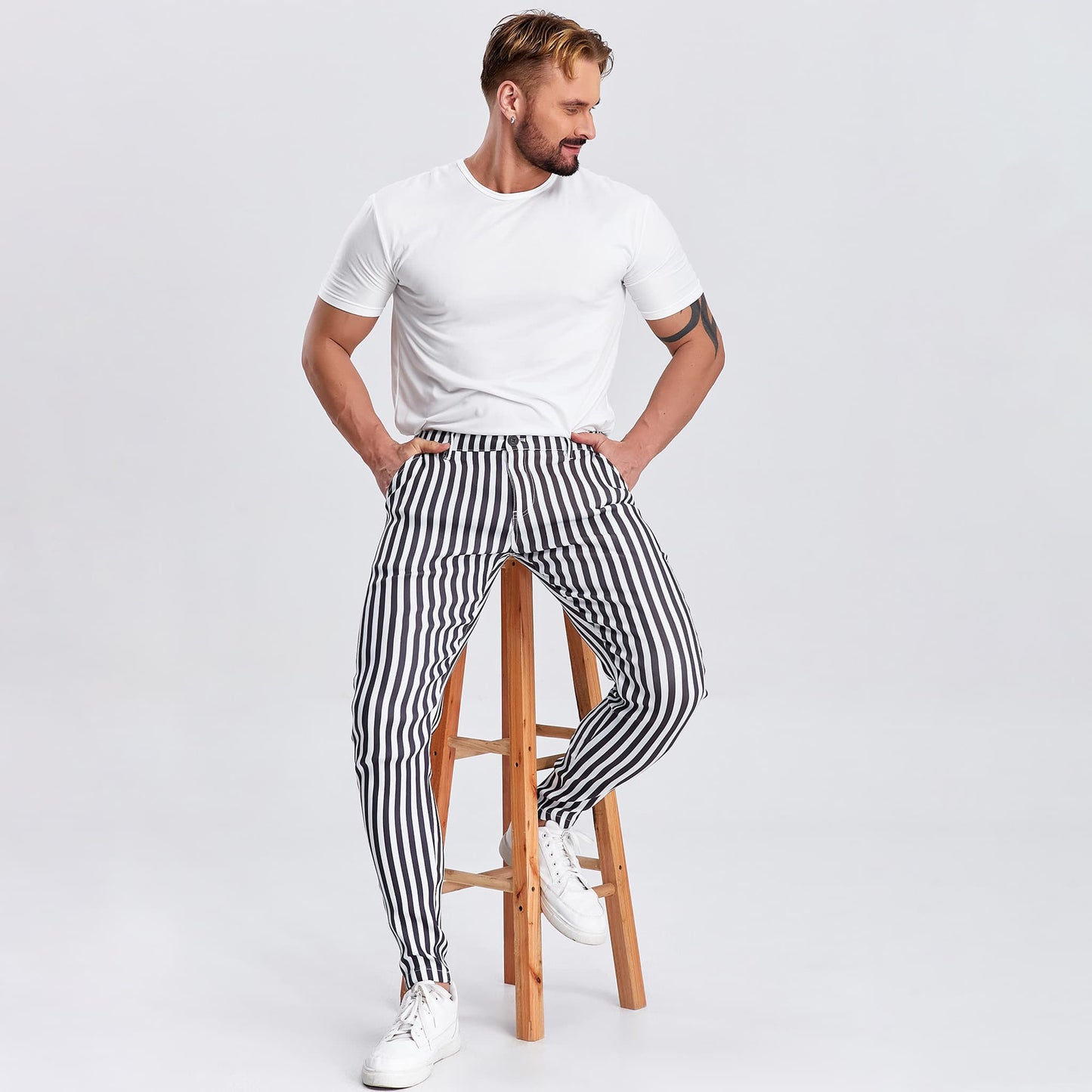 black and white striped mens cropped pants slim fit stretchy