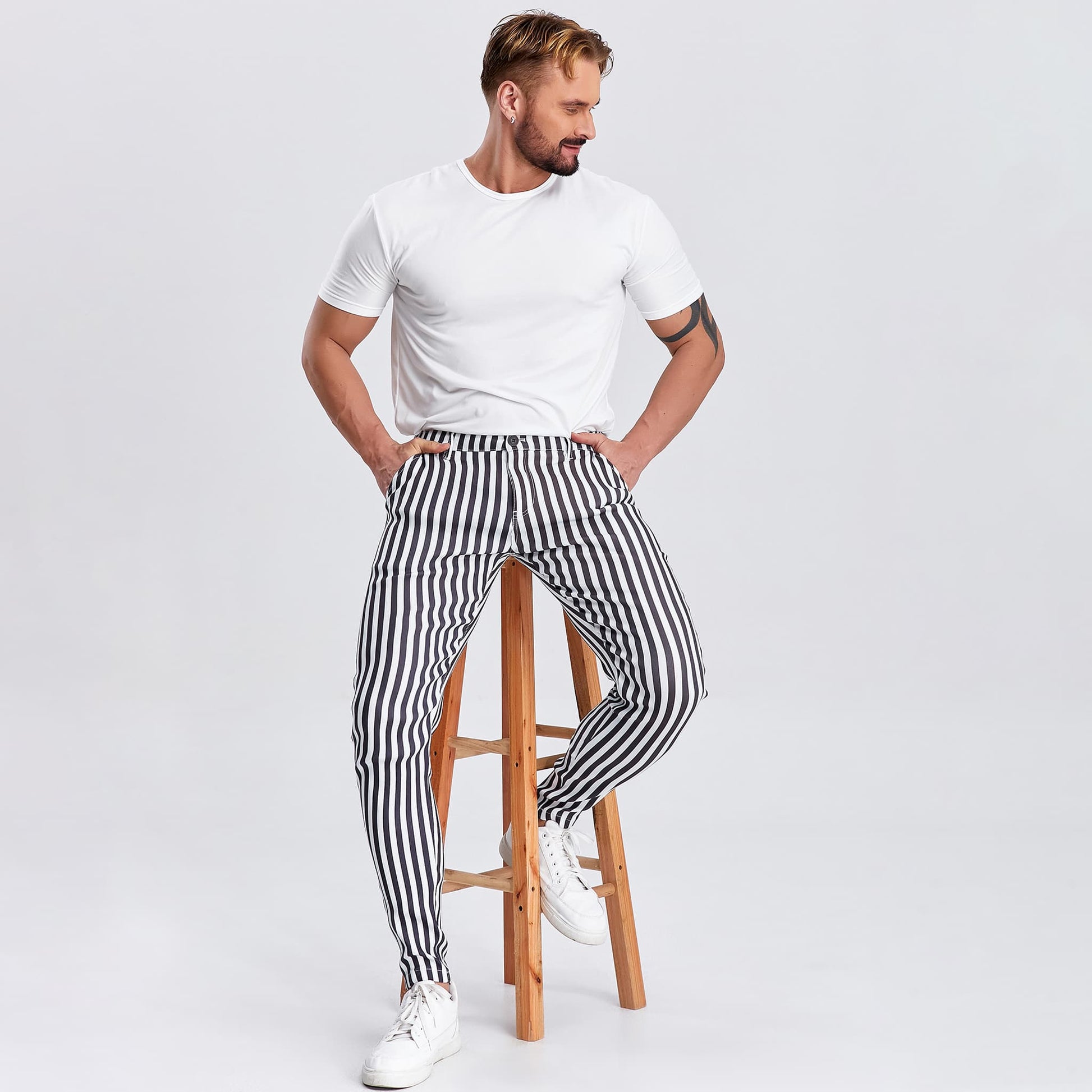 black and white striped mens cropped pants slim fit stretchy