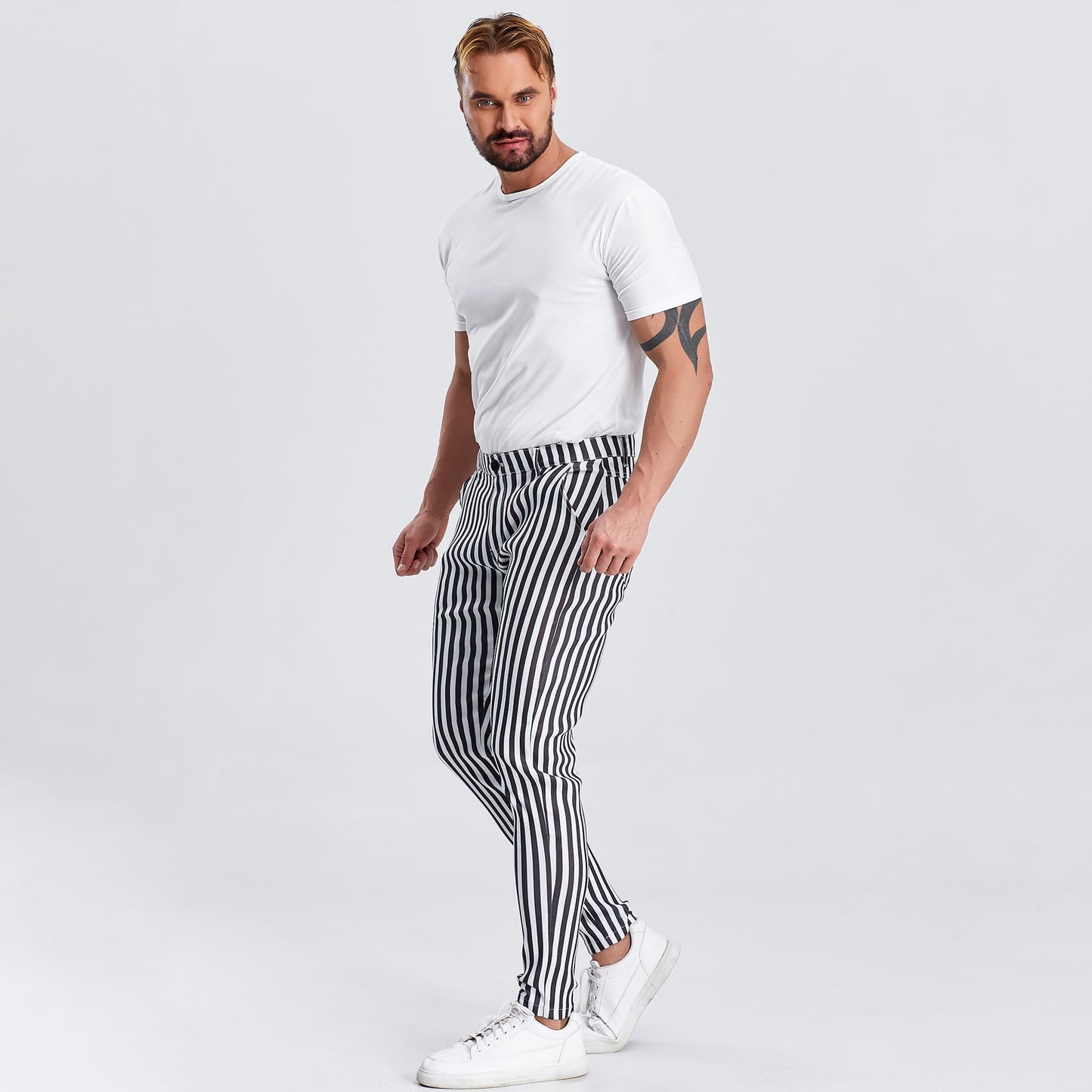 black and white striped pants men slim fit stretchy