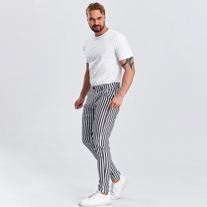 black and white striped pants men slim fit stretchy