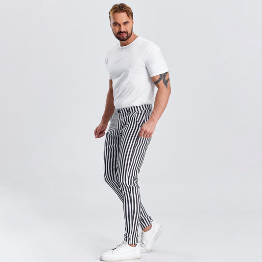 black and white striped pants men slim fit stretchy