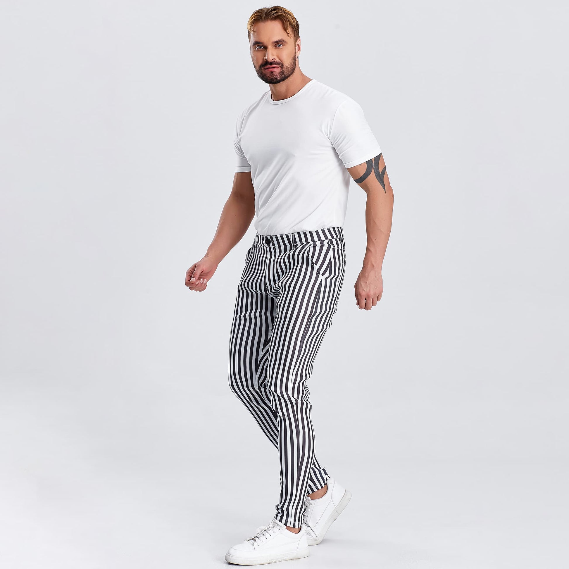 black and white striped skinny dress pants for men stretchy