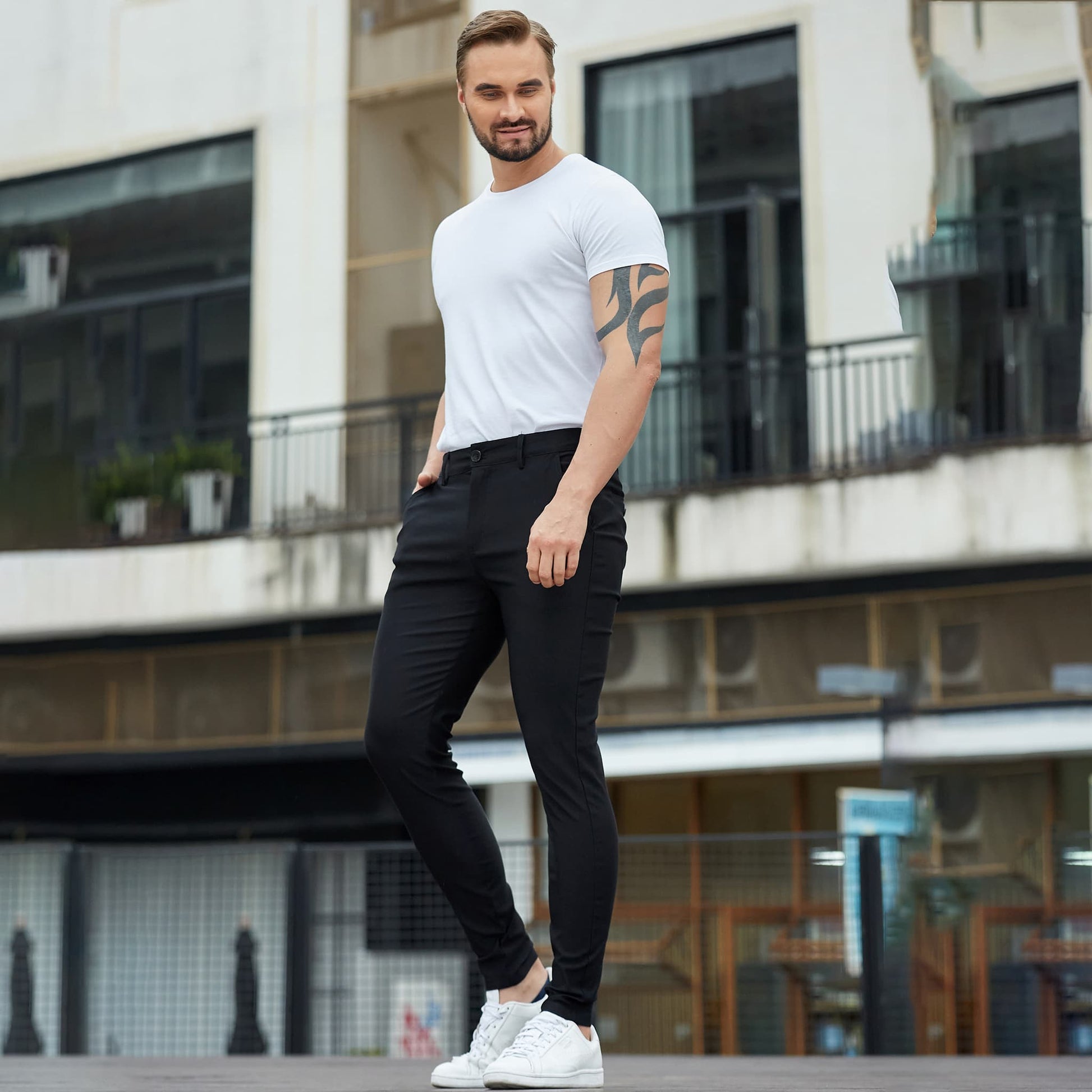 black stretch pantalones de vestir slim fit