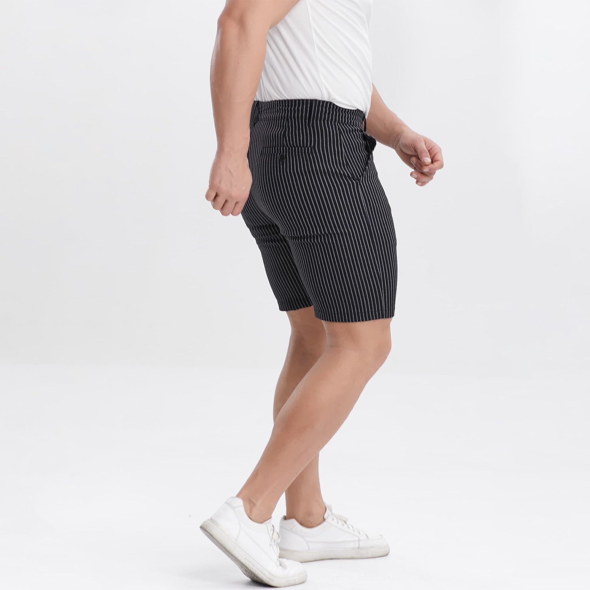 black pinstriped  men's golf shorts 9 inch inseam slim fit stretch