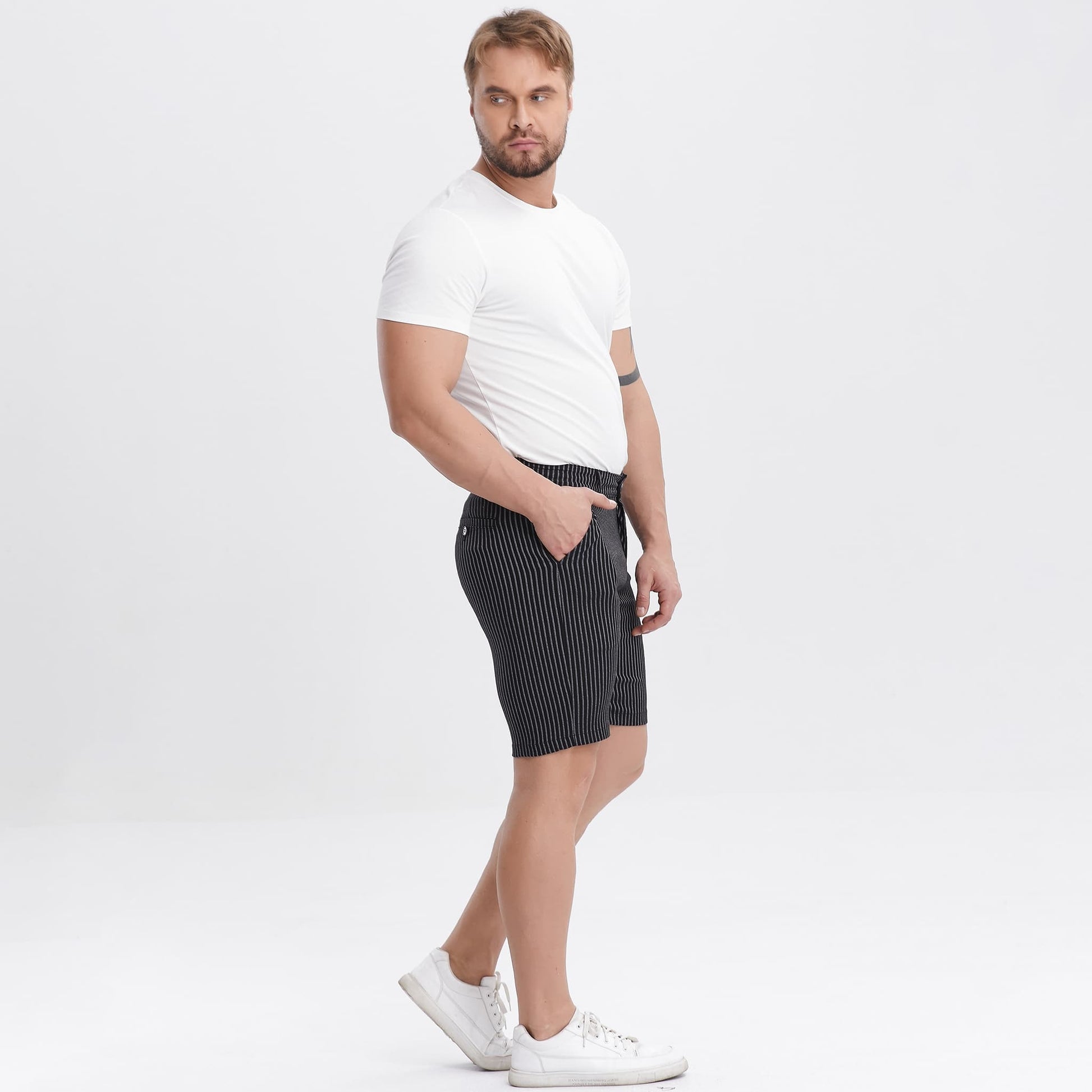 black pinstriped stretch chinos for men slim fit 9 inch inseam