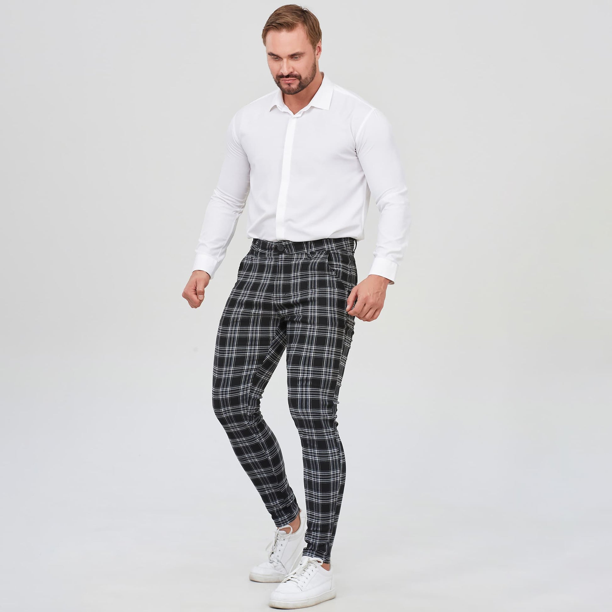 black plaid pants men slim fit stretchy