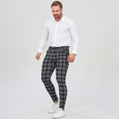 black plaid pants men slim fit stretchy