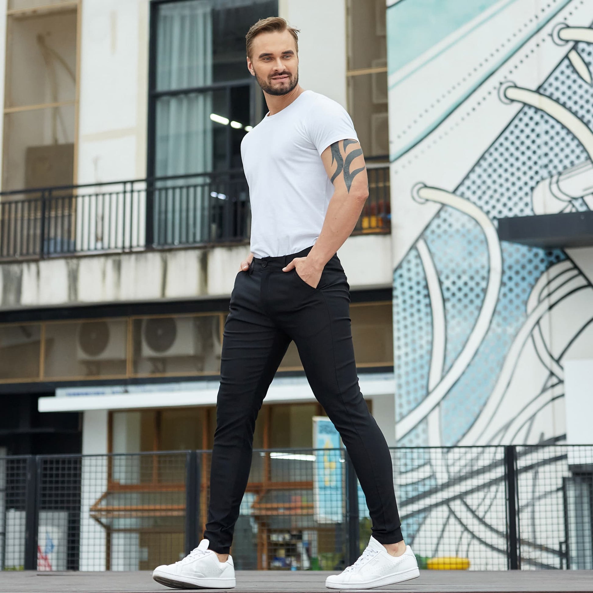 black slim fit slacks men stretch