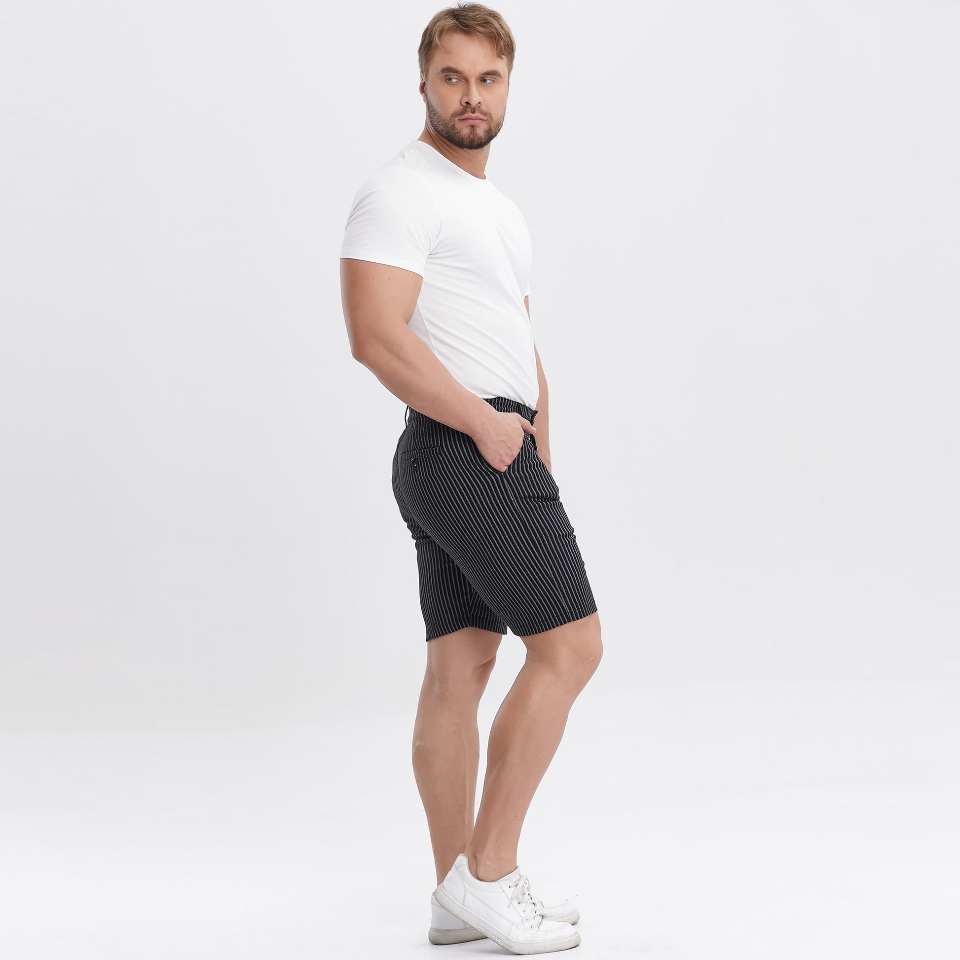black striped mens short for skinny legs stretch
