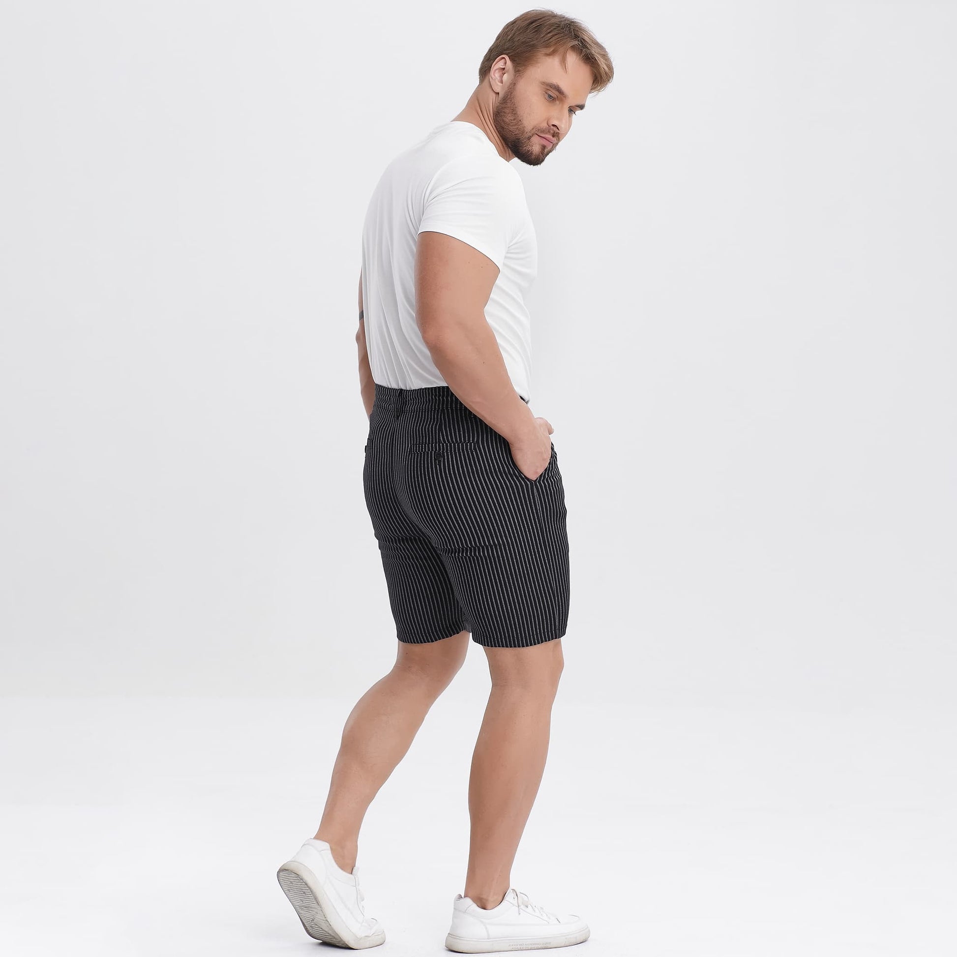 black striped mens shorts casual 9 inch inseam slim fit stretch