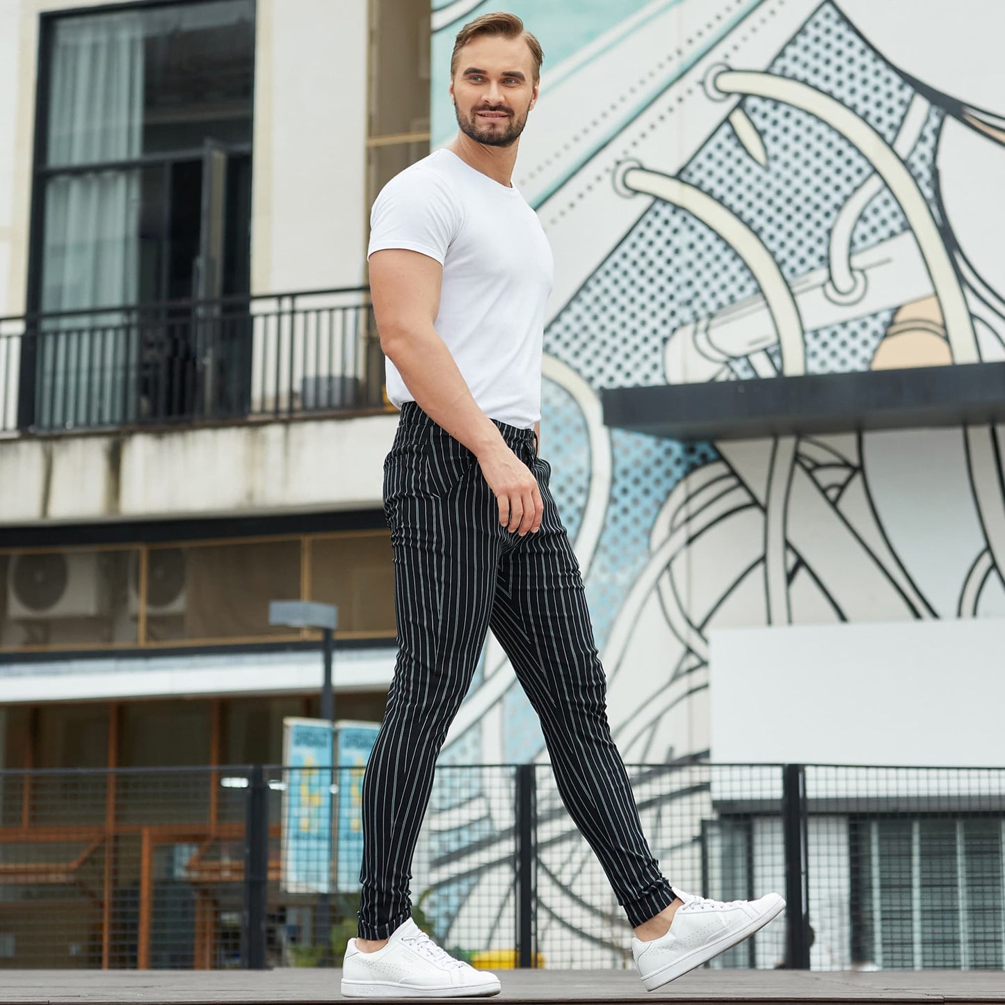 black striped mens stretchy dress pants slim fit 