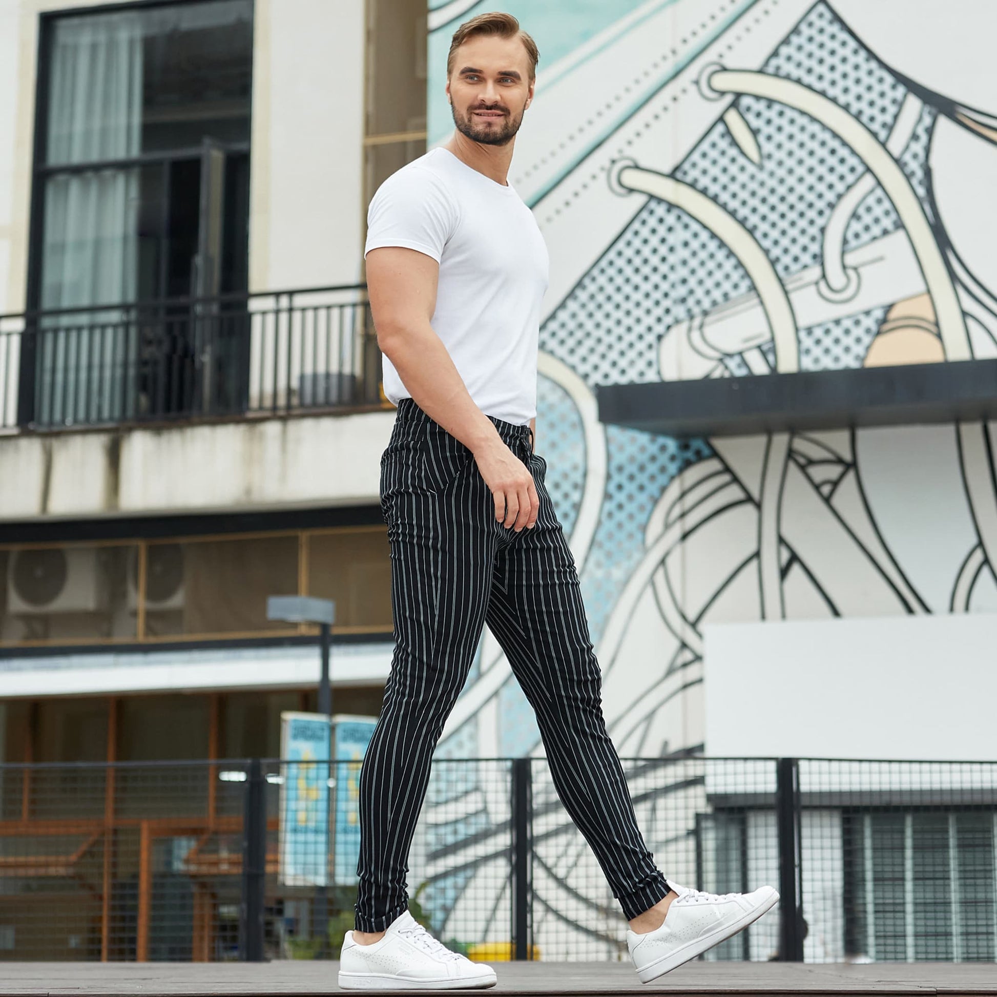 black striped mens stretchy dress pants slim fit 