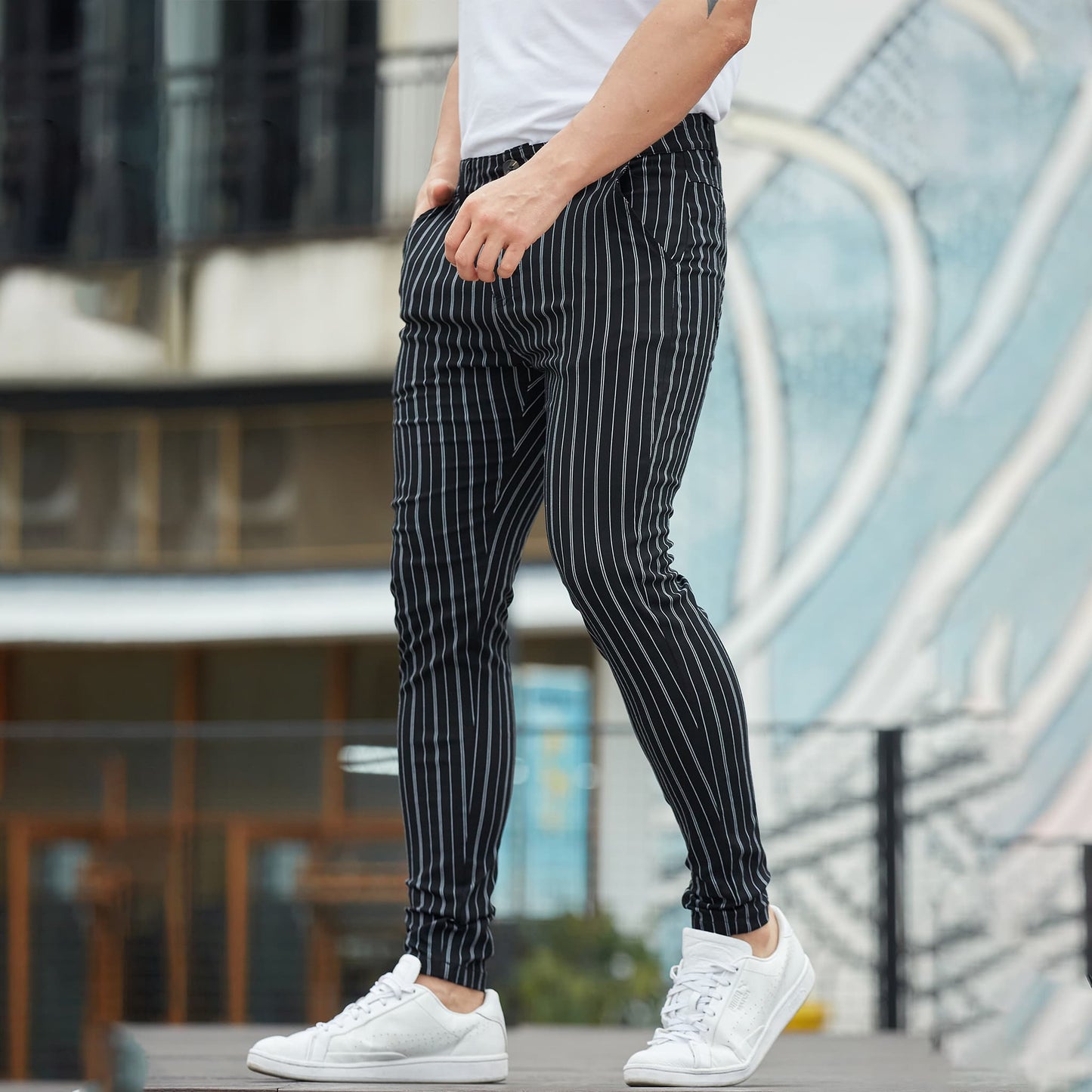black striped stretchy pants for men slim fit 