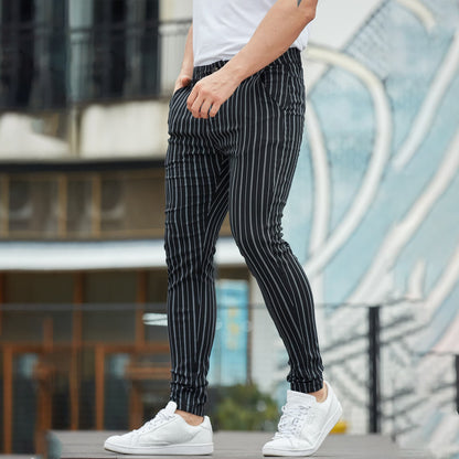 black striped stretchy pants for men slim fit 
