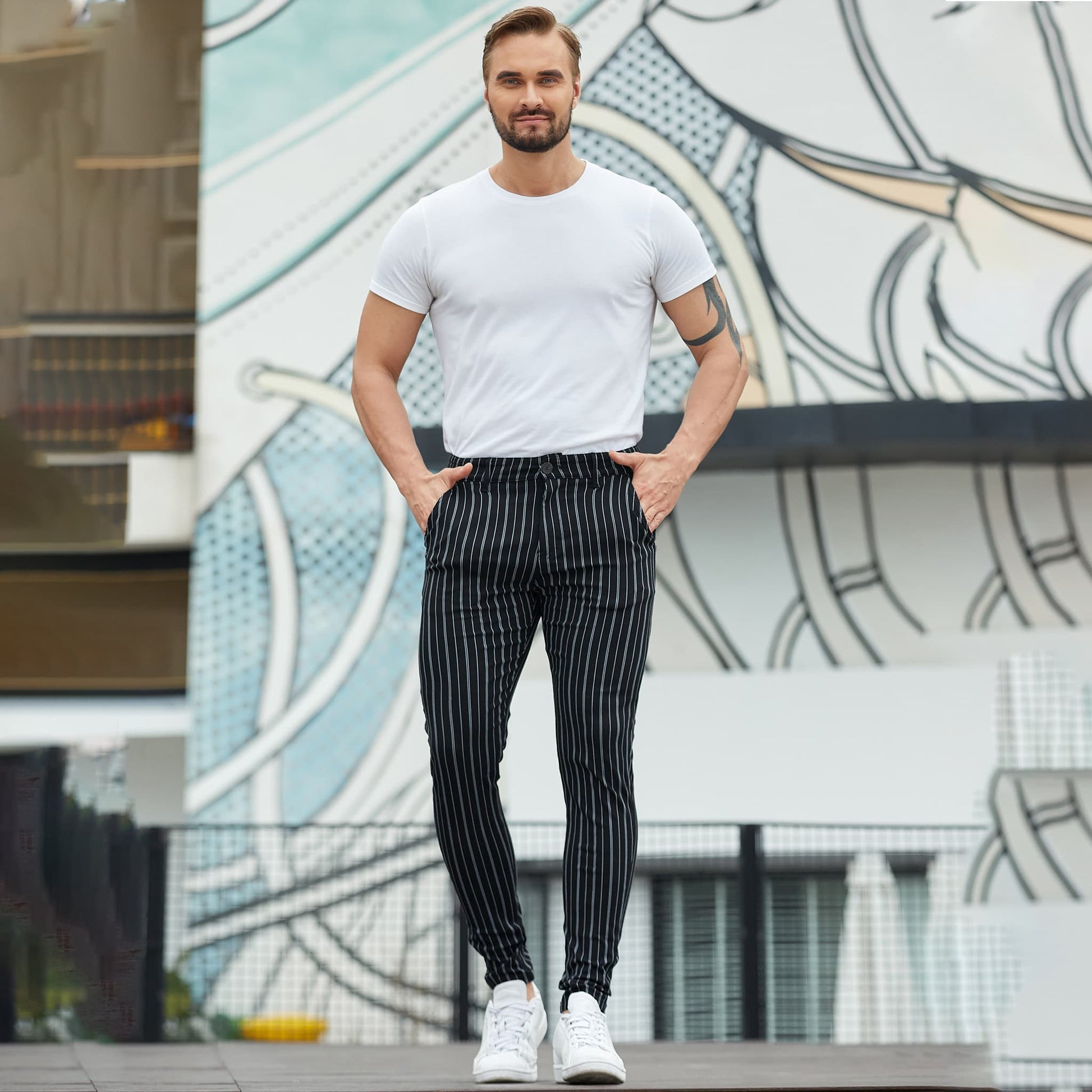 black pin striped tuxedo pants men stretchy